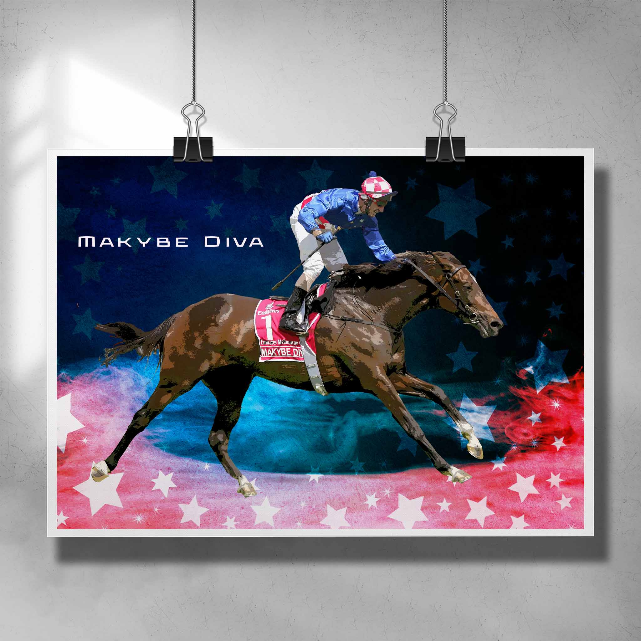 Unique horse racing poster by Sports Cave, featuring the three time Melbourne Cup winner Makybe Diva ridden by Glen Boss.