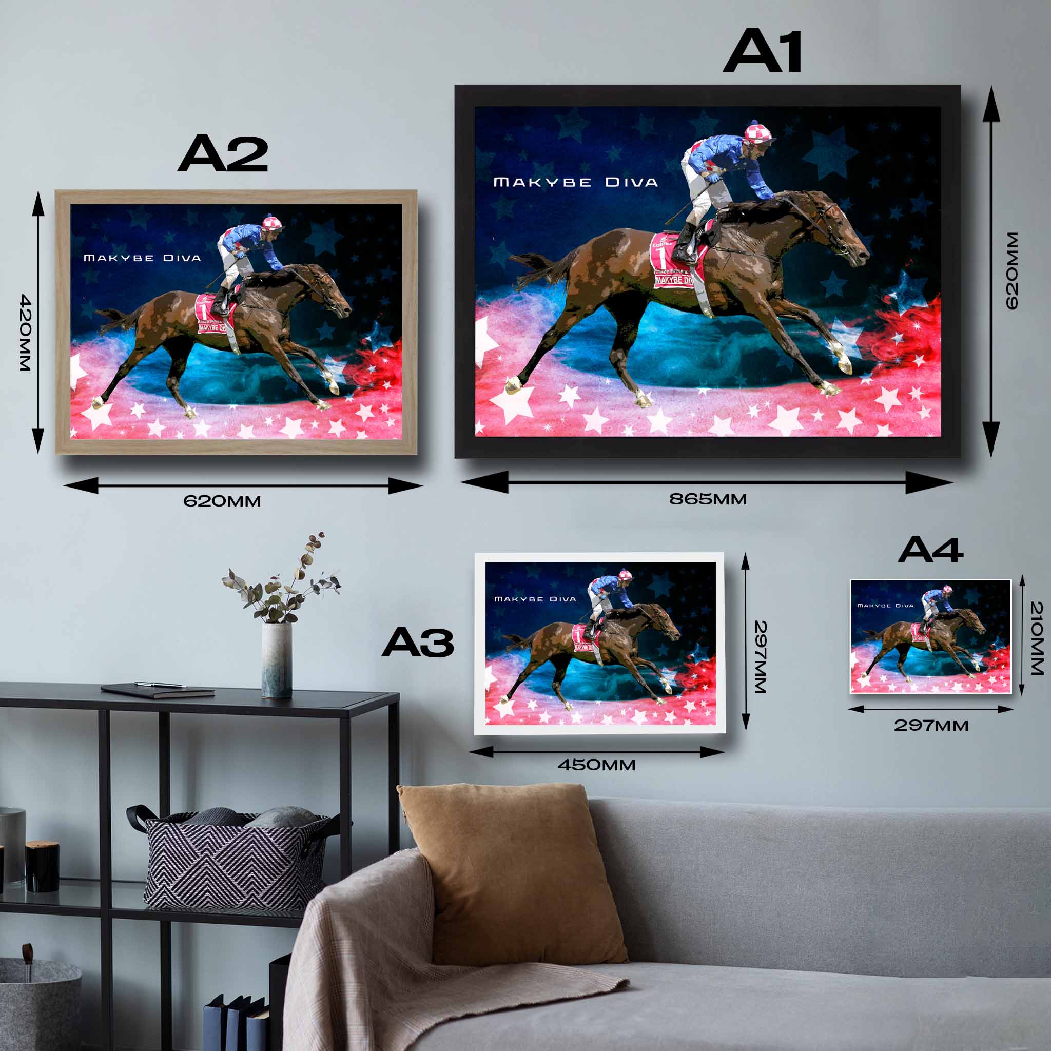 Visual representation of Makybe Diva framed art size options, ranging from A4 to A2, for selecting the right size for your space.