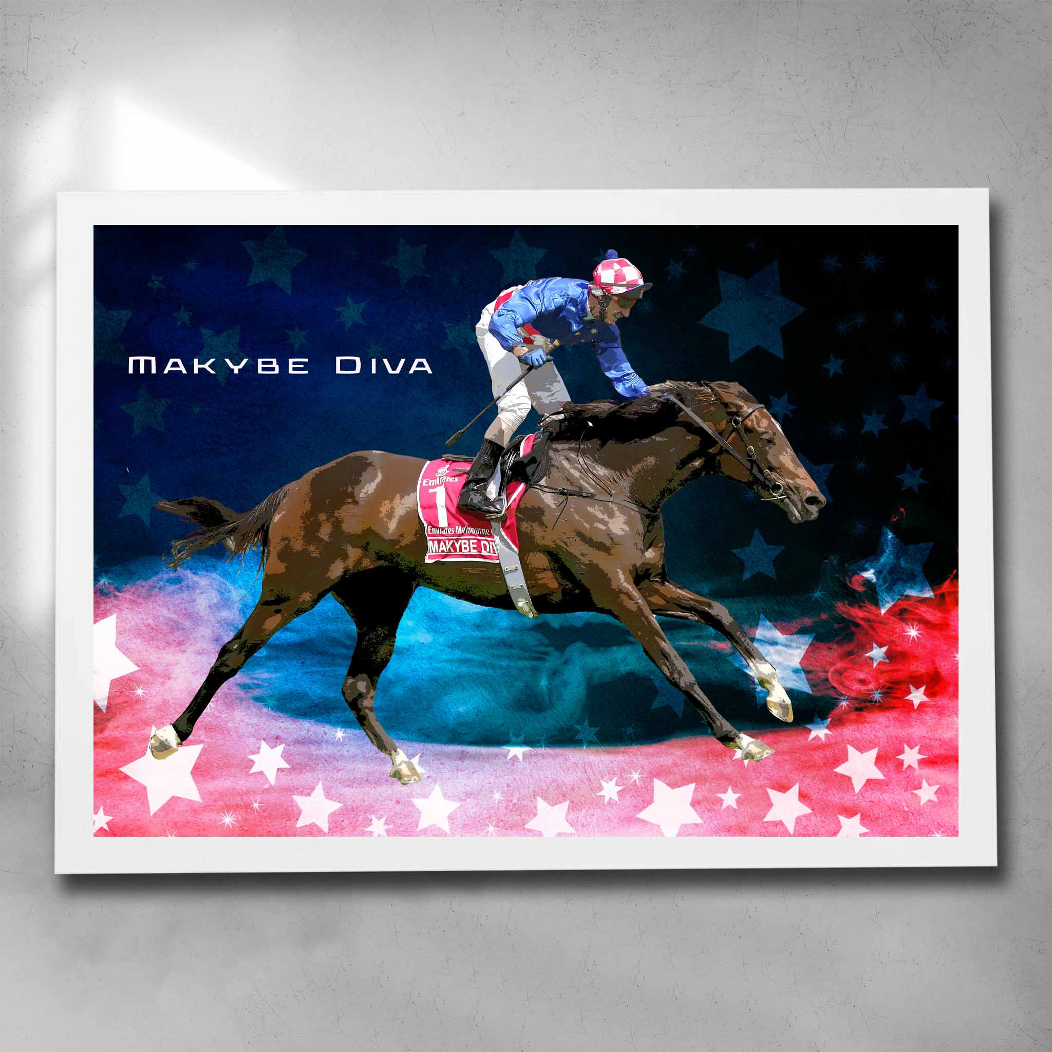 White framed horse racing art by Sports Cave, featuring the three time Melbourne Cup winner Makybe Diva ridden by Glen Boss.