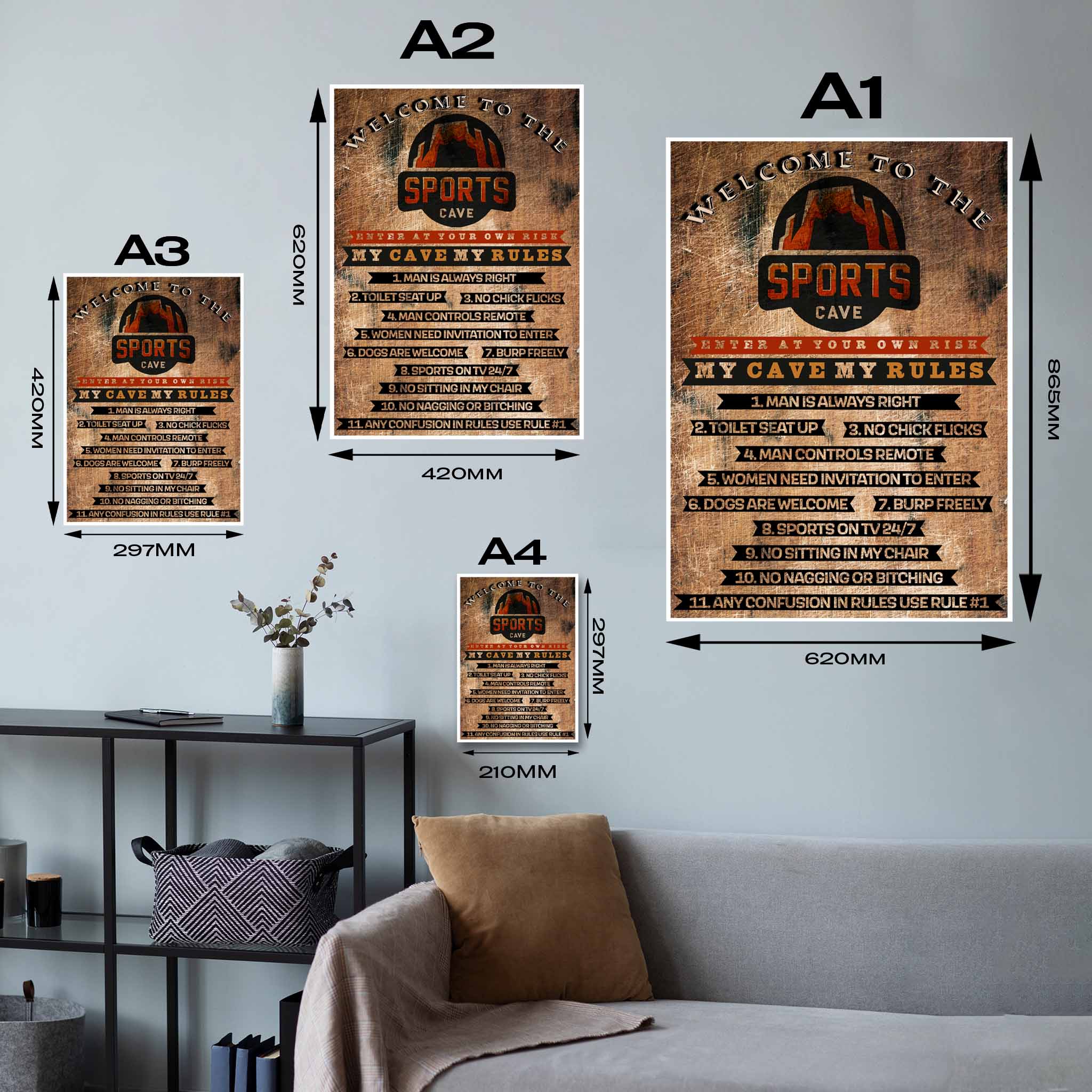 Man Cave Poster Sizing Guide.