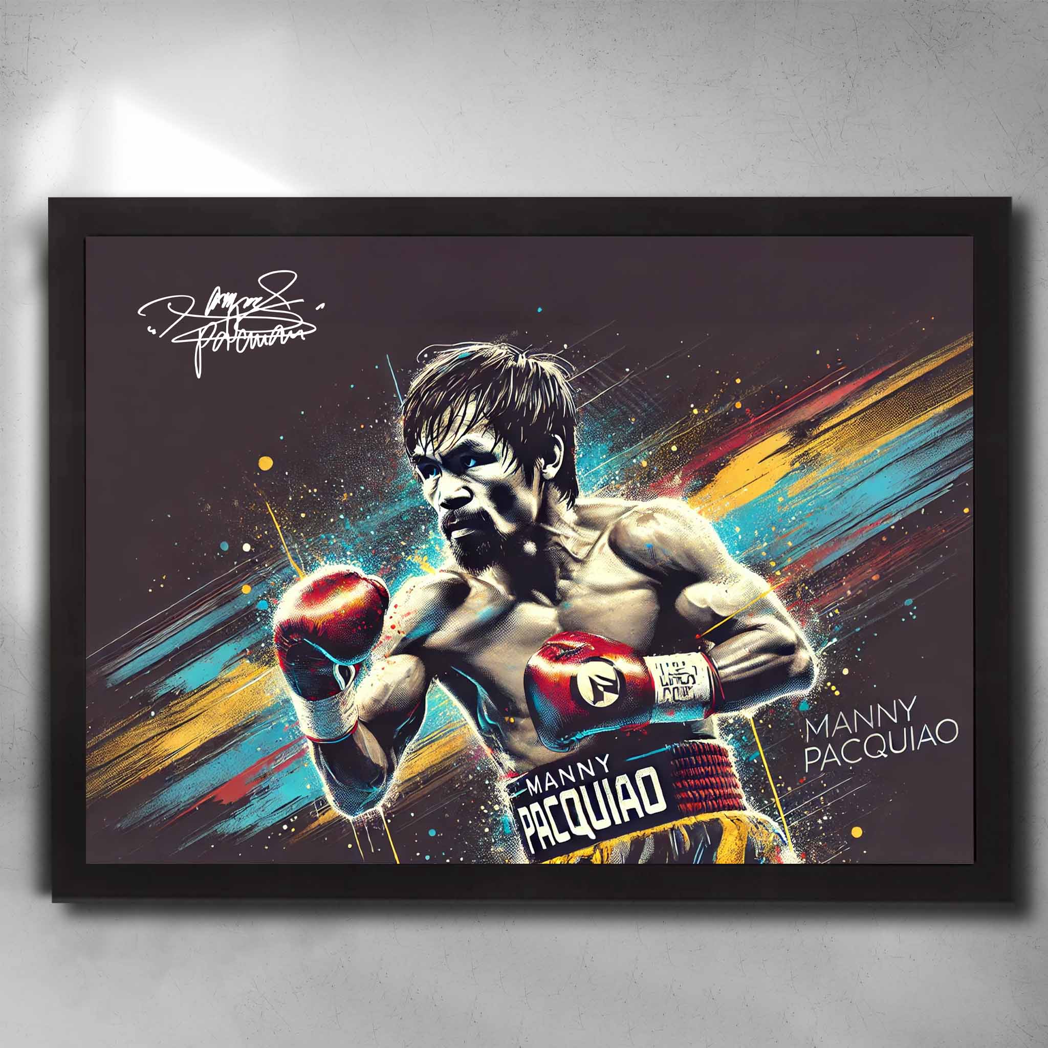 Manny Pacquiao black framed boxing art poster, iconic wall decor for sports fans, high-quality print with vibrant colors.