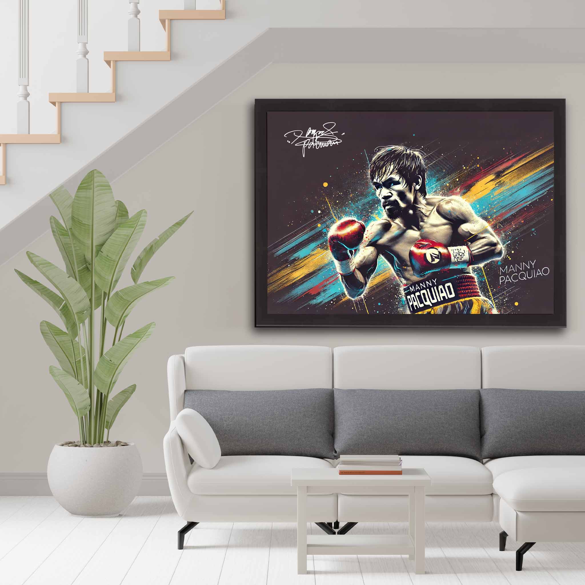 Extra-large Manny Pacquiao boxing art in black frame, wall decor above sofa in modern living room.