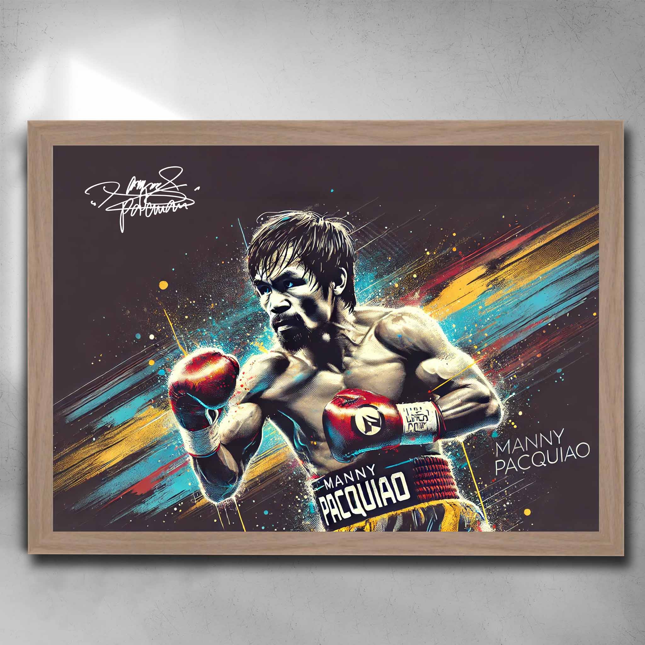 Manny Pacquiao oak framed boxing art poster, iconic wall decor for sports fans, high-quality print with vibrant colors.