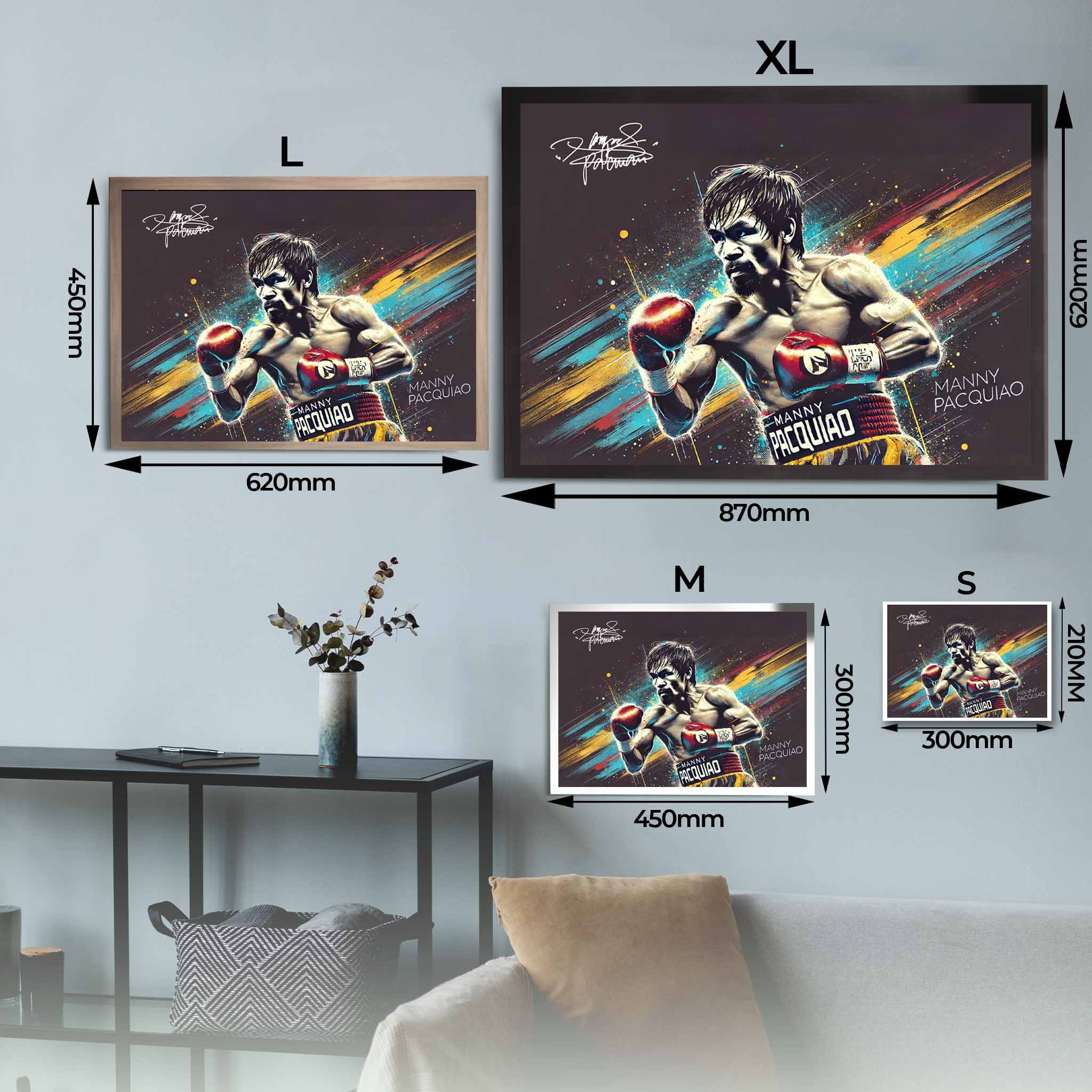 Manny Pacquiao poster sizing guide for wall art, available in small, medium, large, and extra-large framed options.