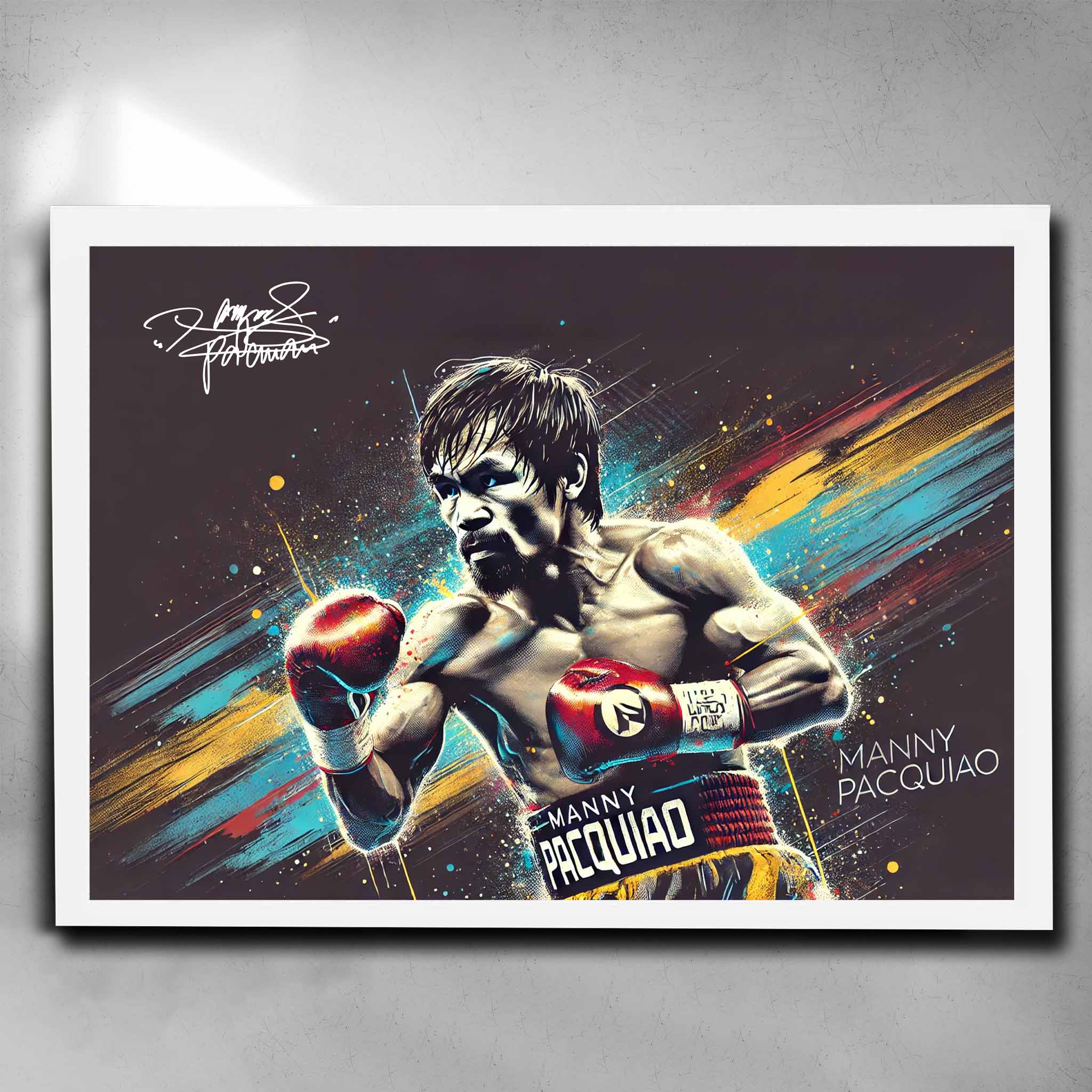 Manny Pacquiao white framed boxing art poster, iconic wall decor for sports fans, high-quality print with vibrant colors.