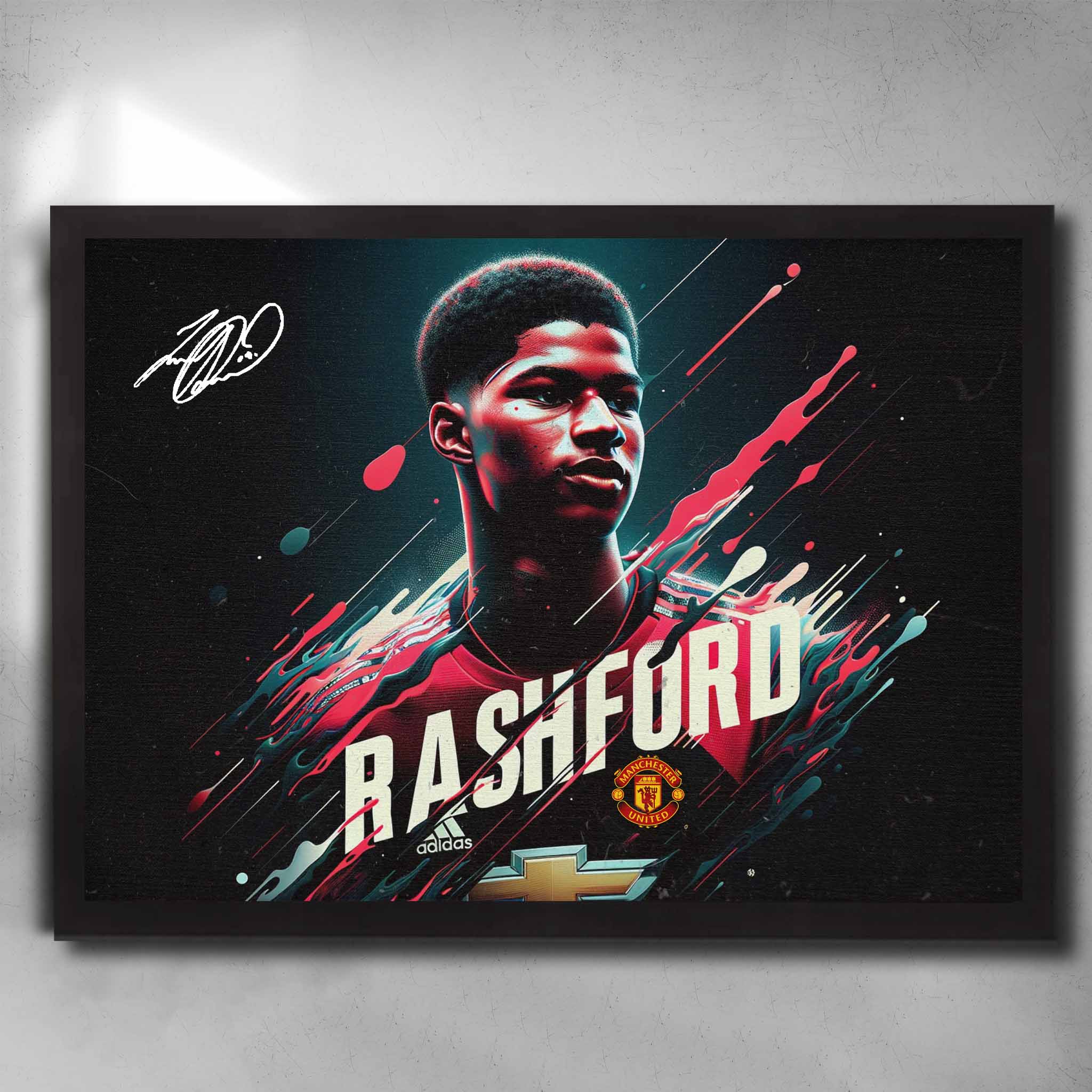 Black framed Manchester United Art by Sports Cave, featuring soccer player Marcus Rashford.