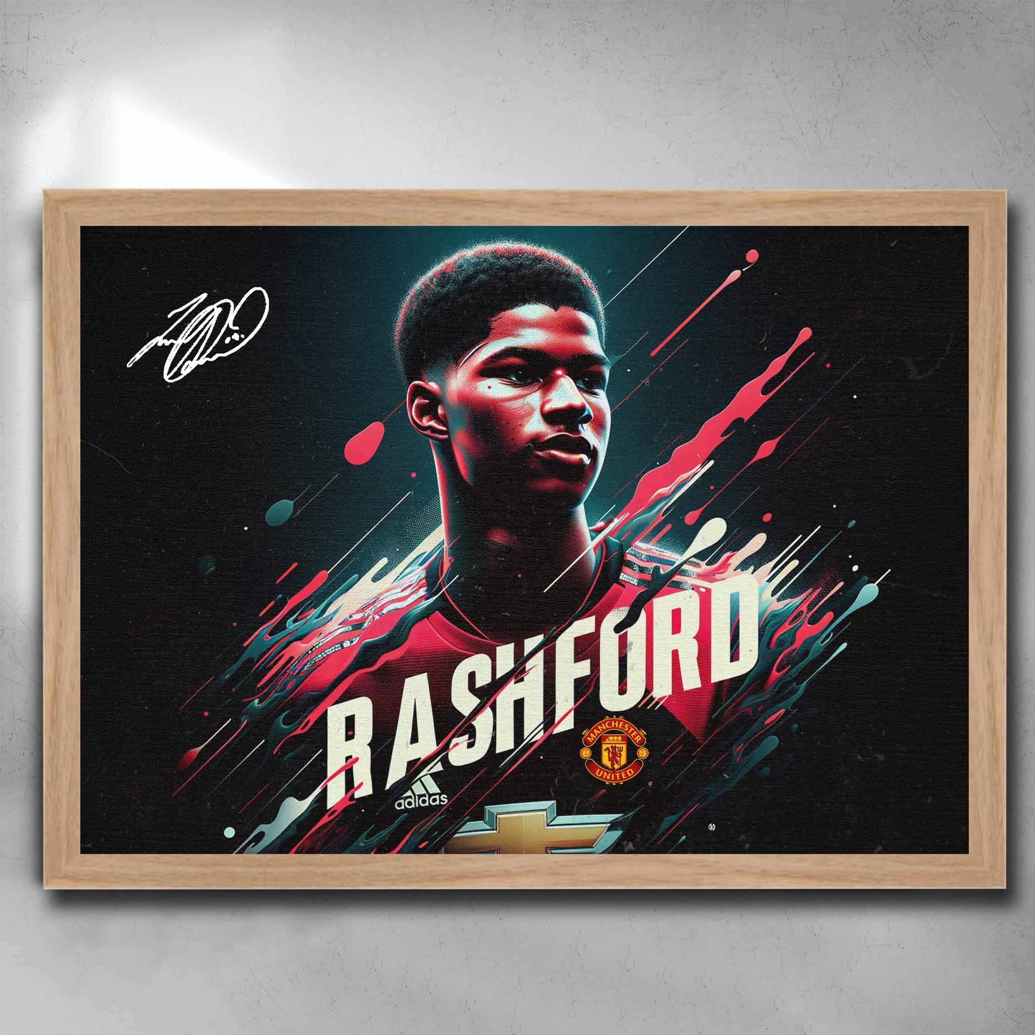 Oak framed Manchester United Art by Sports Cave, featuring soccer player Marcus Rashford.