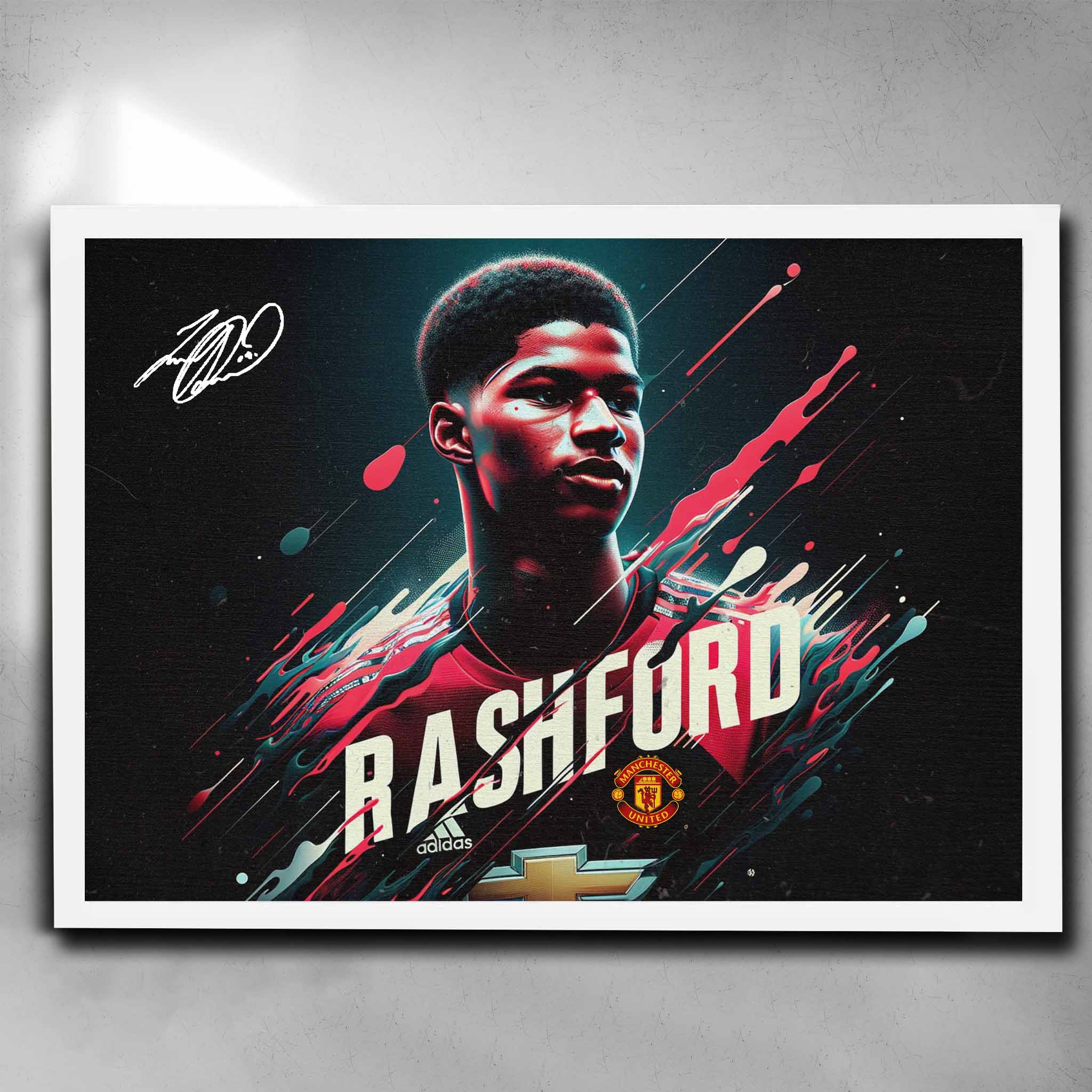 White framed Manchester United Art by Sports Cave, featuring soccer player Marcus Rashford.