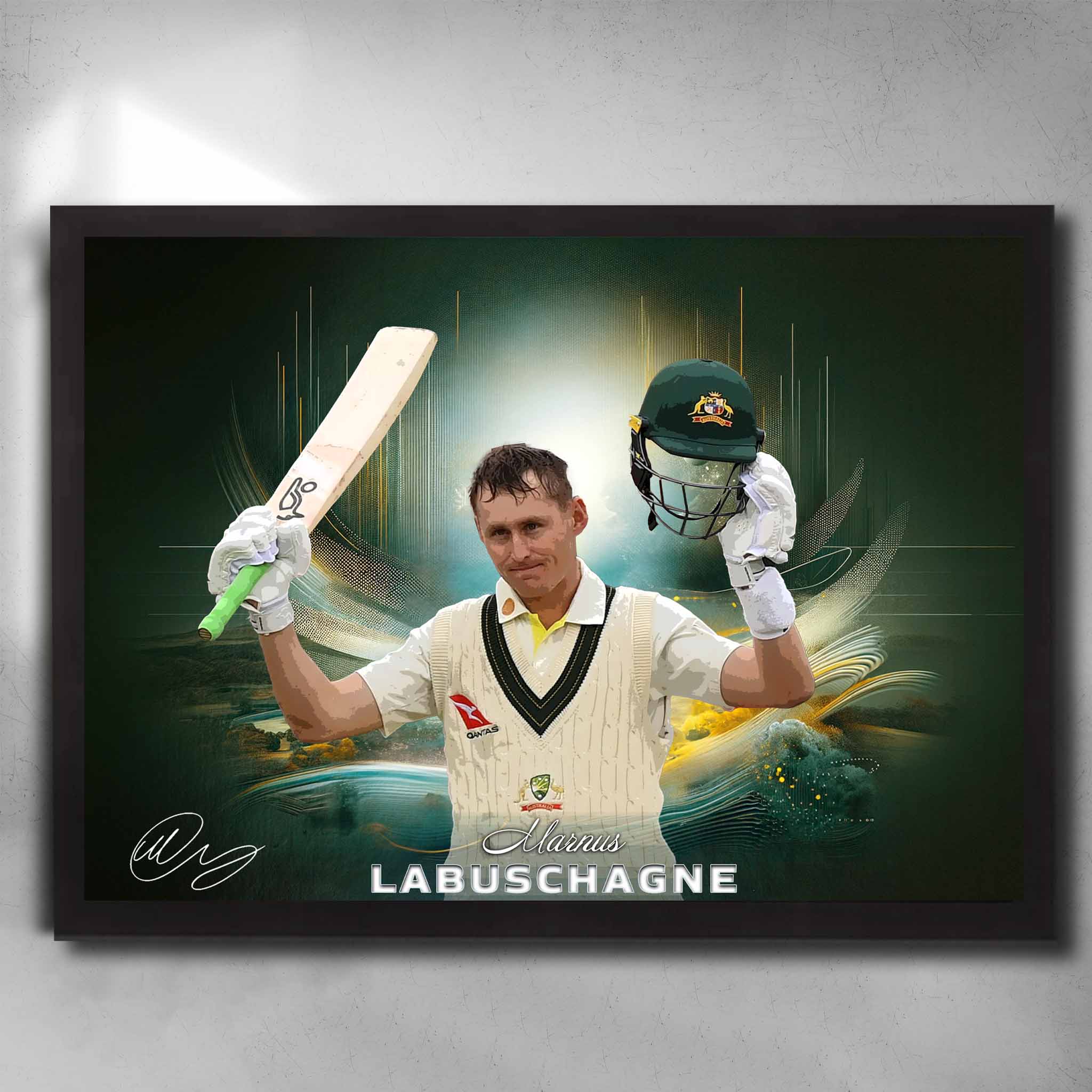 Black framed cricket art featuring Marnus Labuschagne from the Australian Test Team - Artwork by Sports Cave.