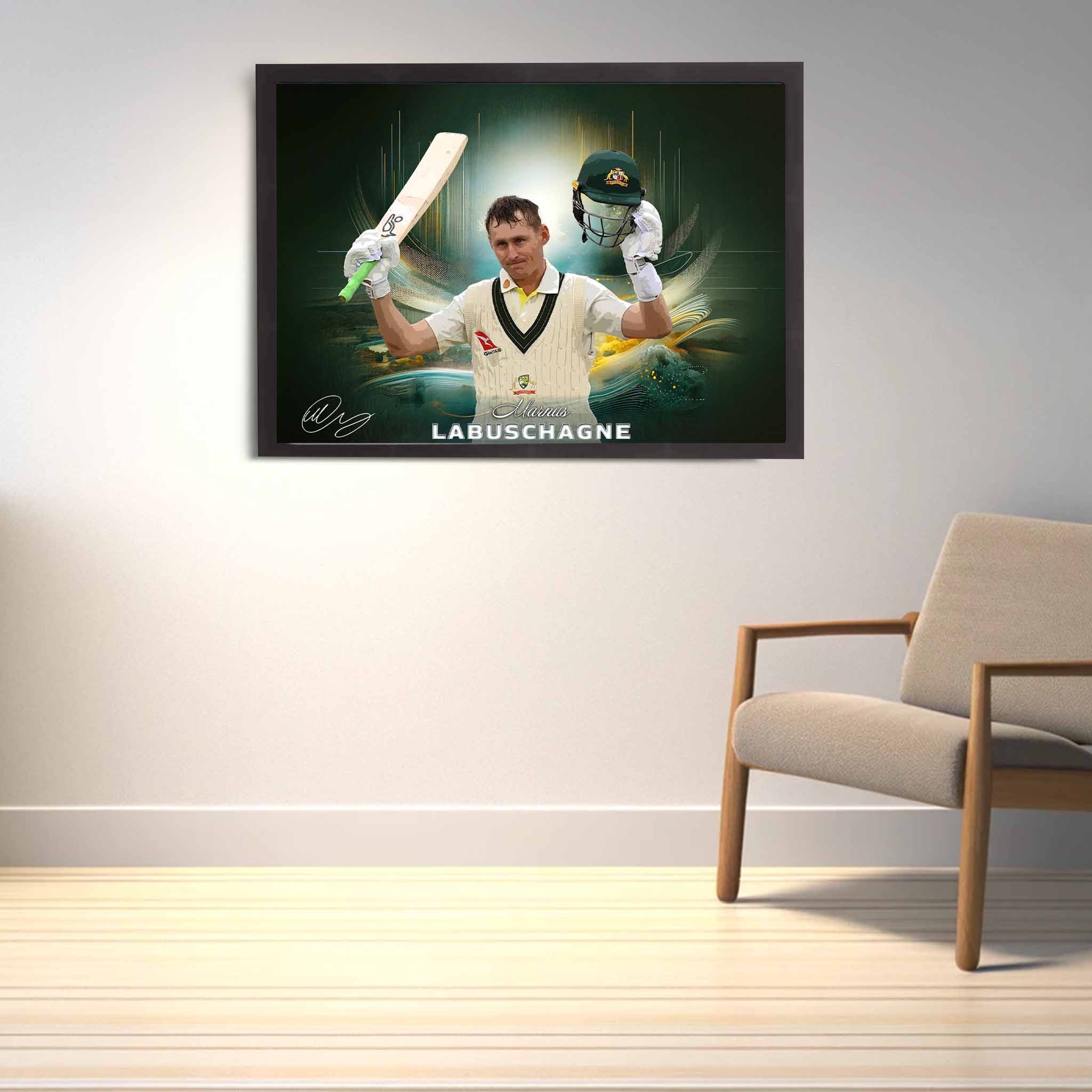 Cricket fan with Australian test player Marnus Labuschagne framed signed poster on display as home decor. 