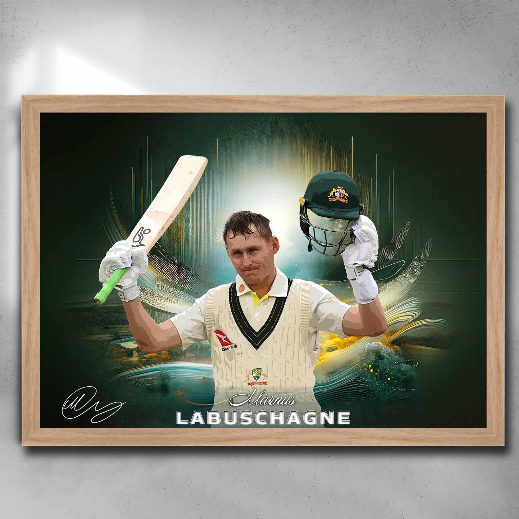 Oak framed cricket art featuring Marnus Labuschagne from the Australian Test Team - Artwork by Sports Cave.