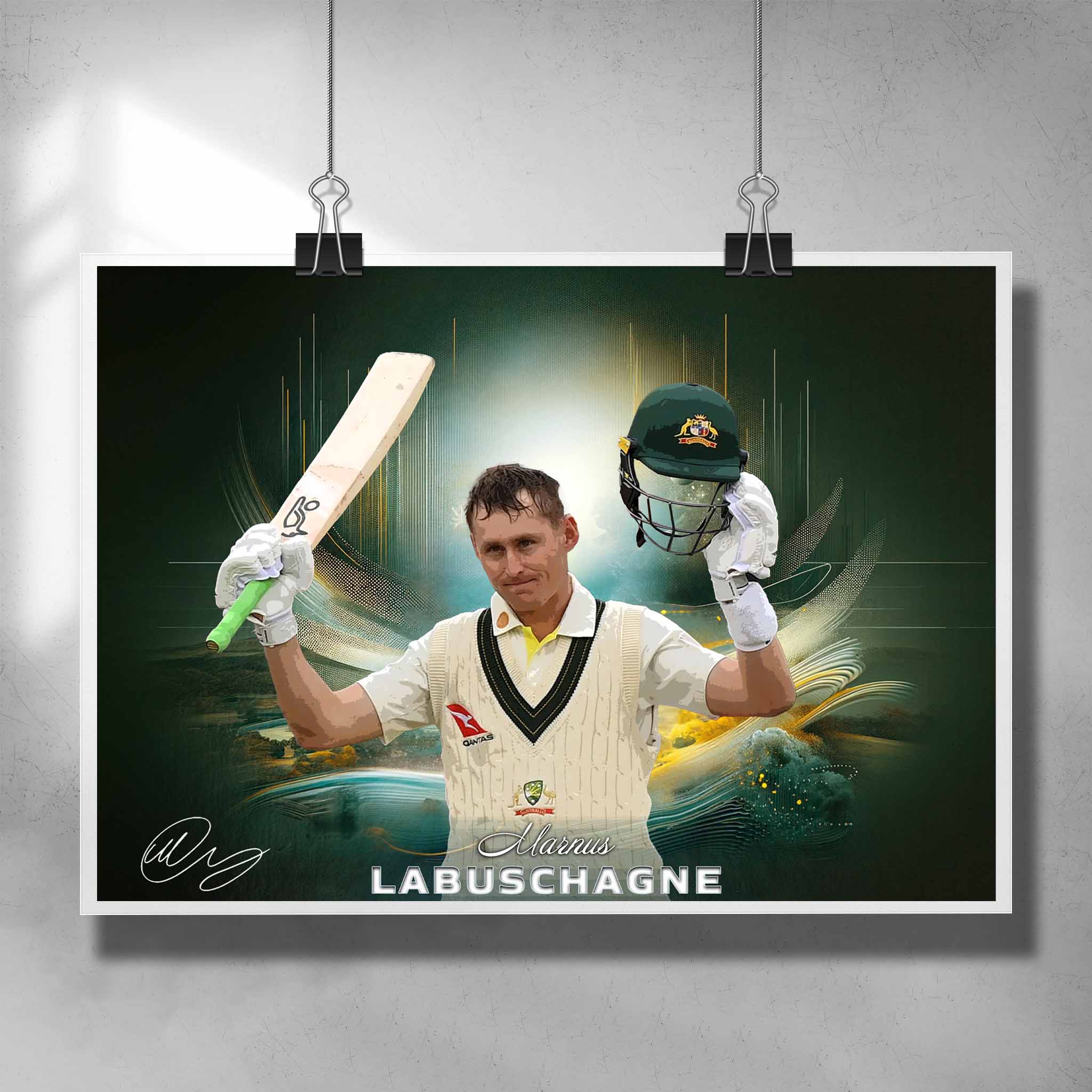 Cricket Poster featuring Marnus Labuschagne from the Australian Test Team - Artwork by Sports Cave.