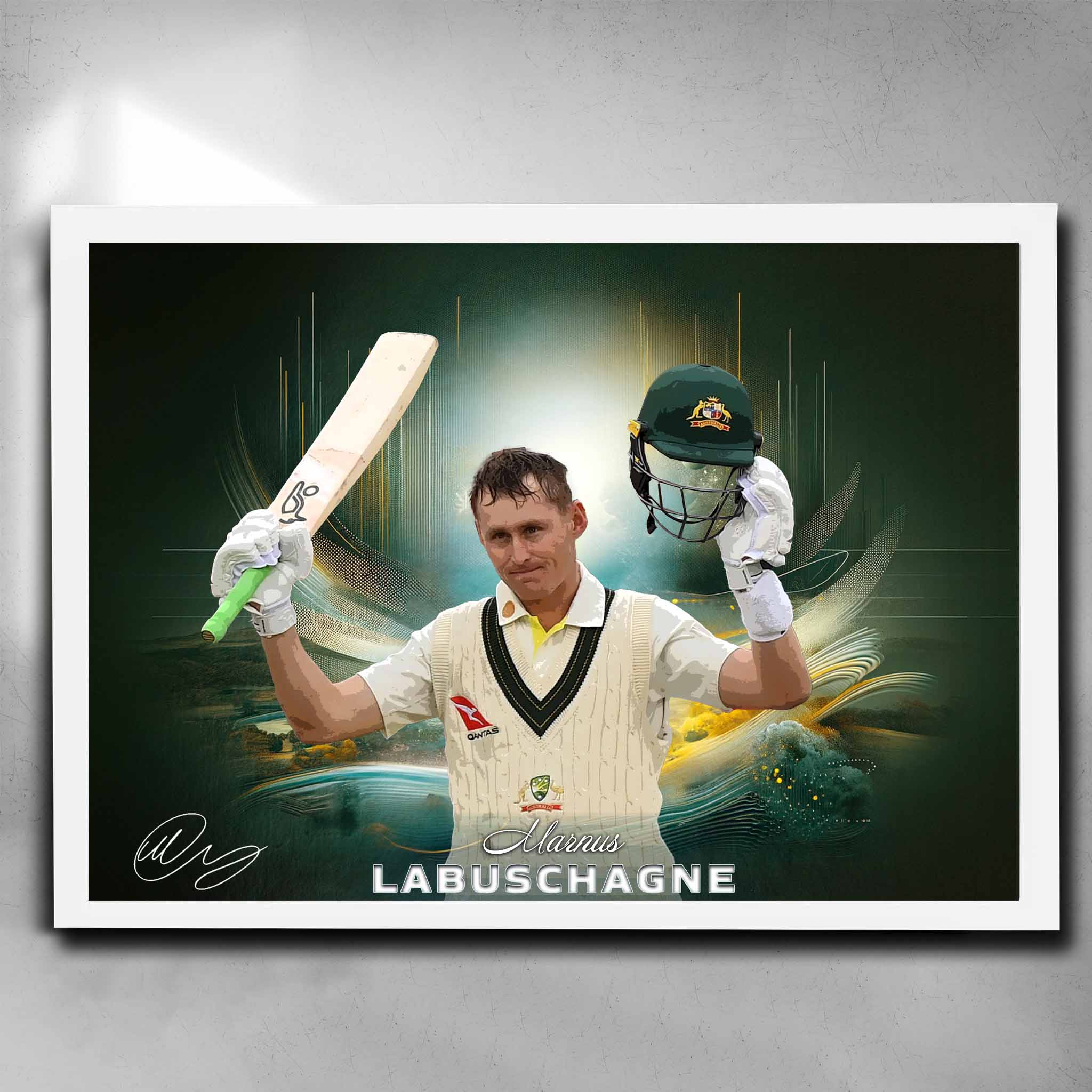 White framed cricket art featuring Marnus Labuschagne from the Australian Test Team - Artwork by Sports Cave.