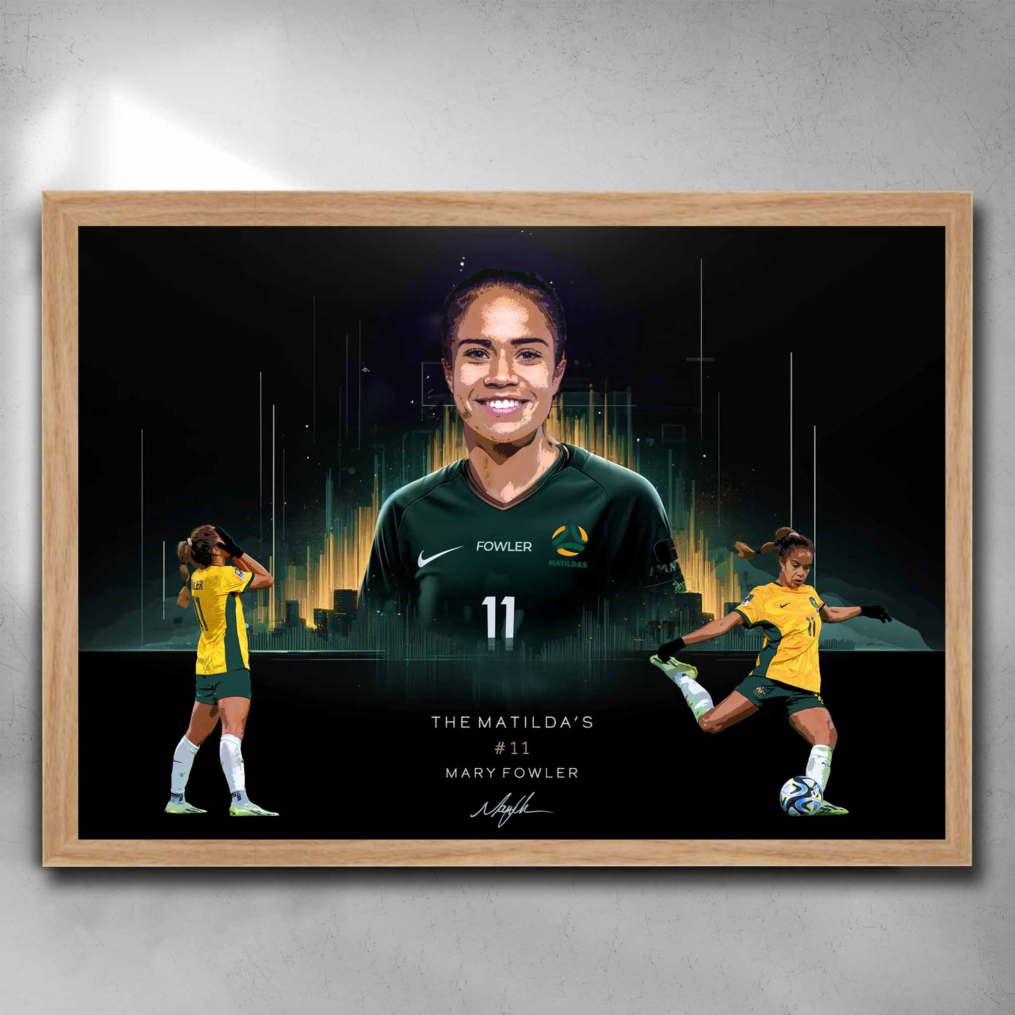 Oak framed Mary Fowler Poster, Playing for Australian Matilda's by Sports Cave.