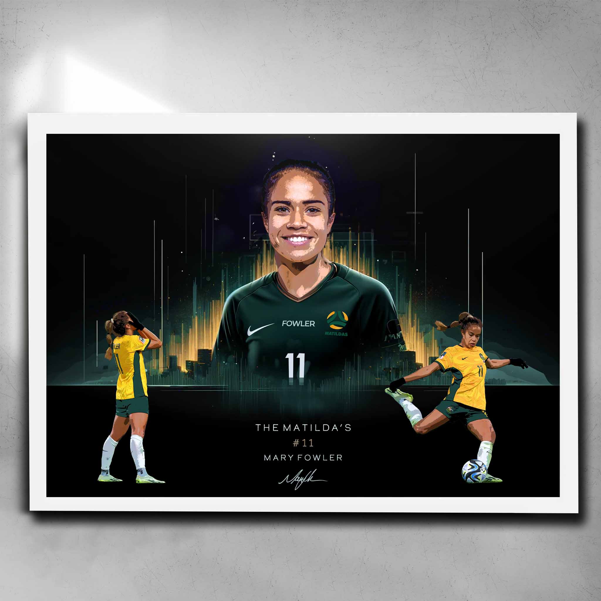 White framed Mary Fowler Poster, Playing for Australian Matilda's by Sports Cave.