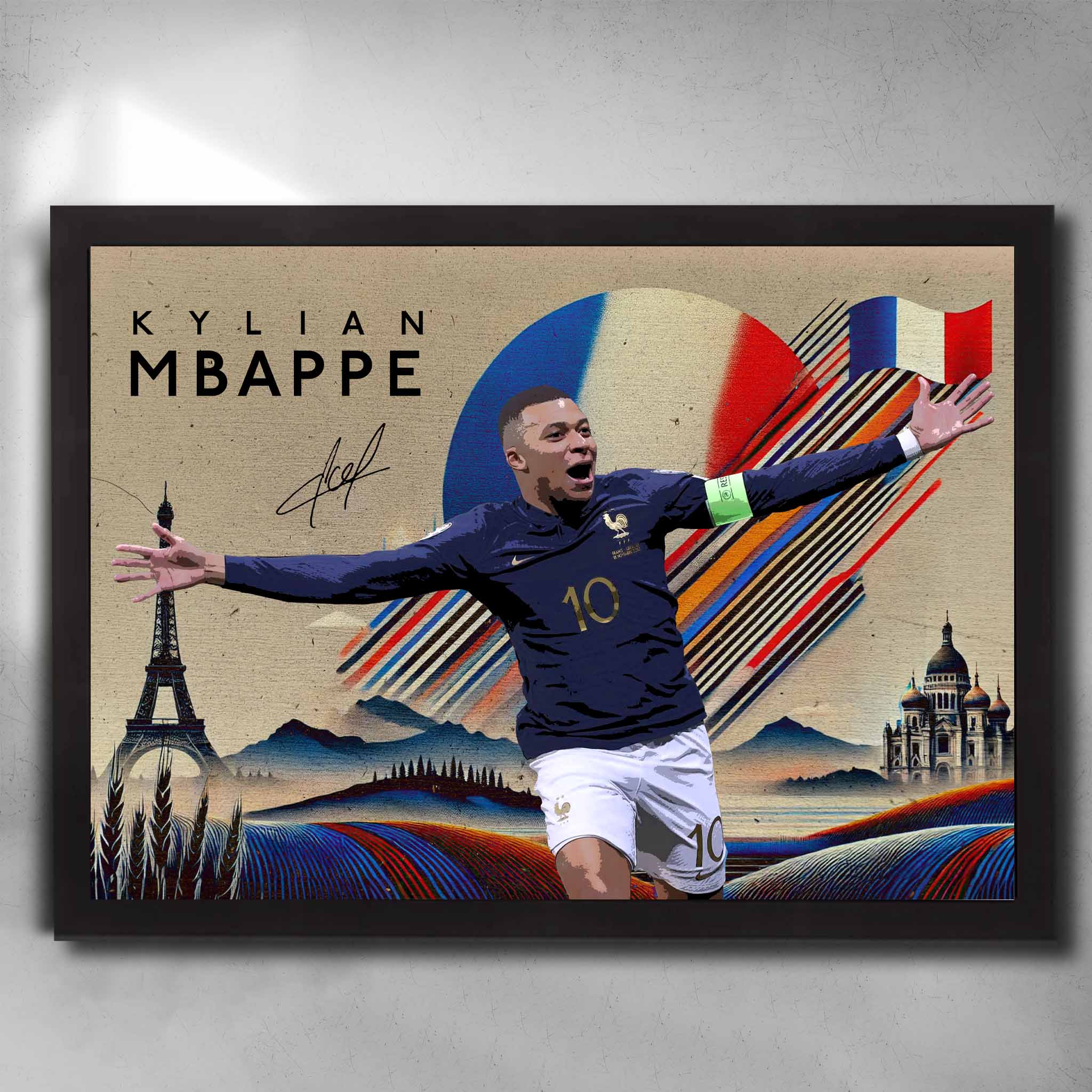 Black framed Kylian Mbappé France Soccer Art by Sports Cave.