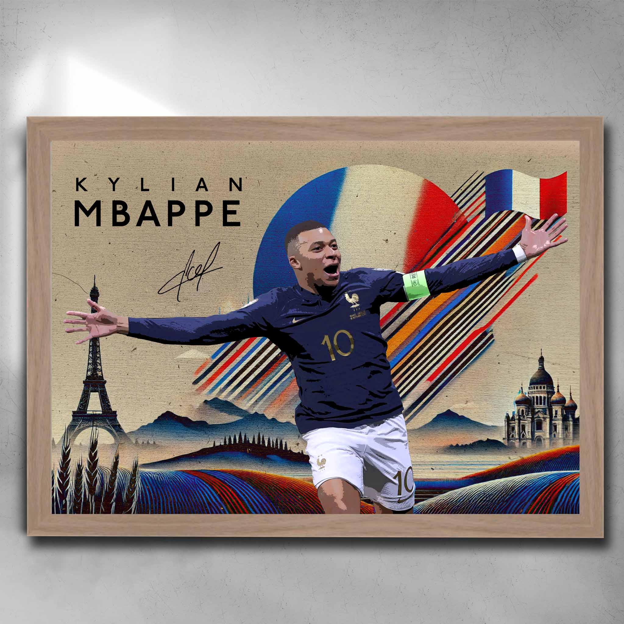 Oak framed Kylian Mbappé France Soccer Art by Sports Cave.