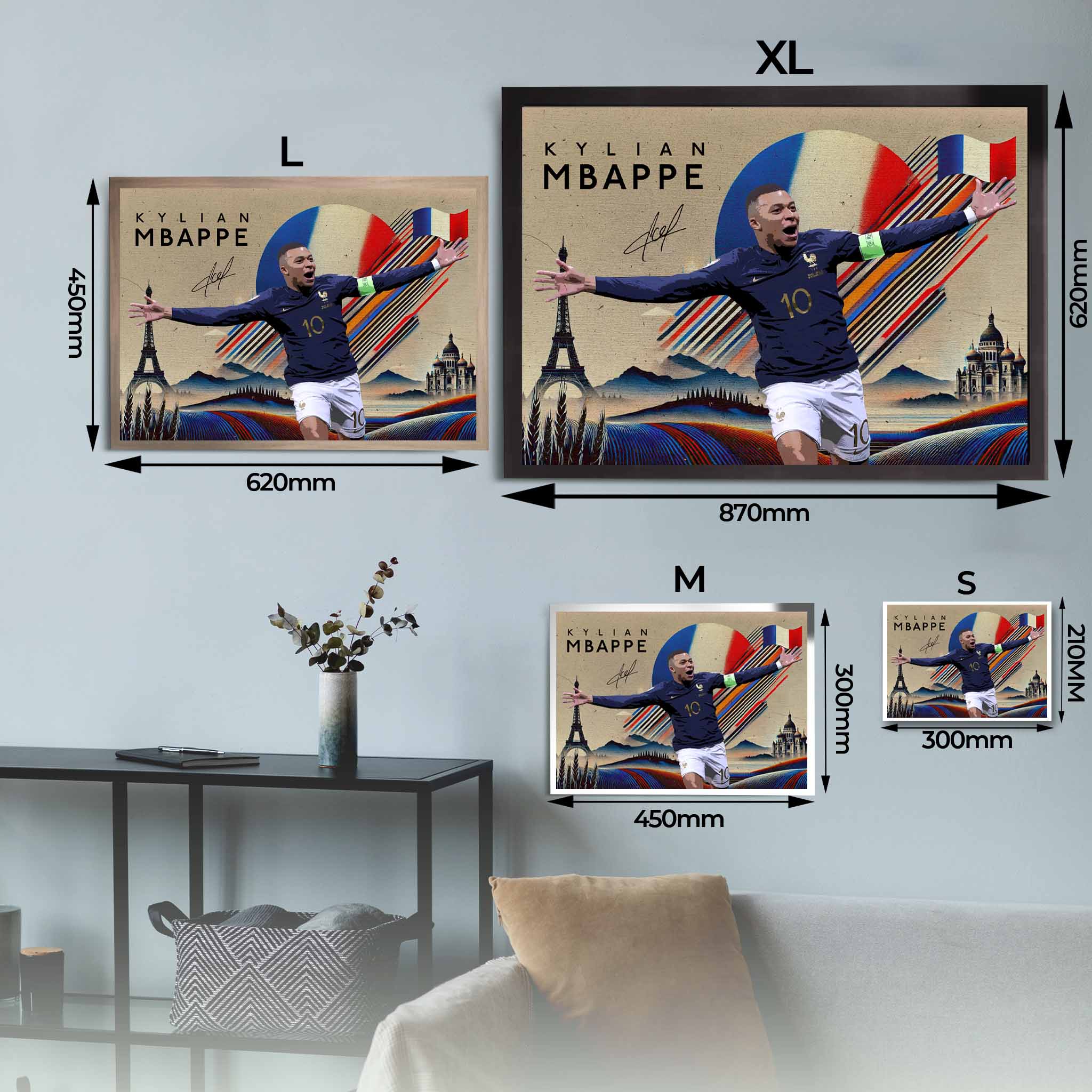 Kylian Mbappé France Soccer Framed Art Sizing Guide.