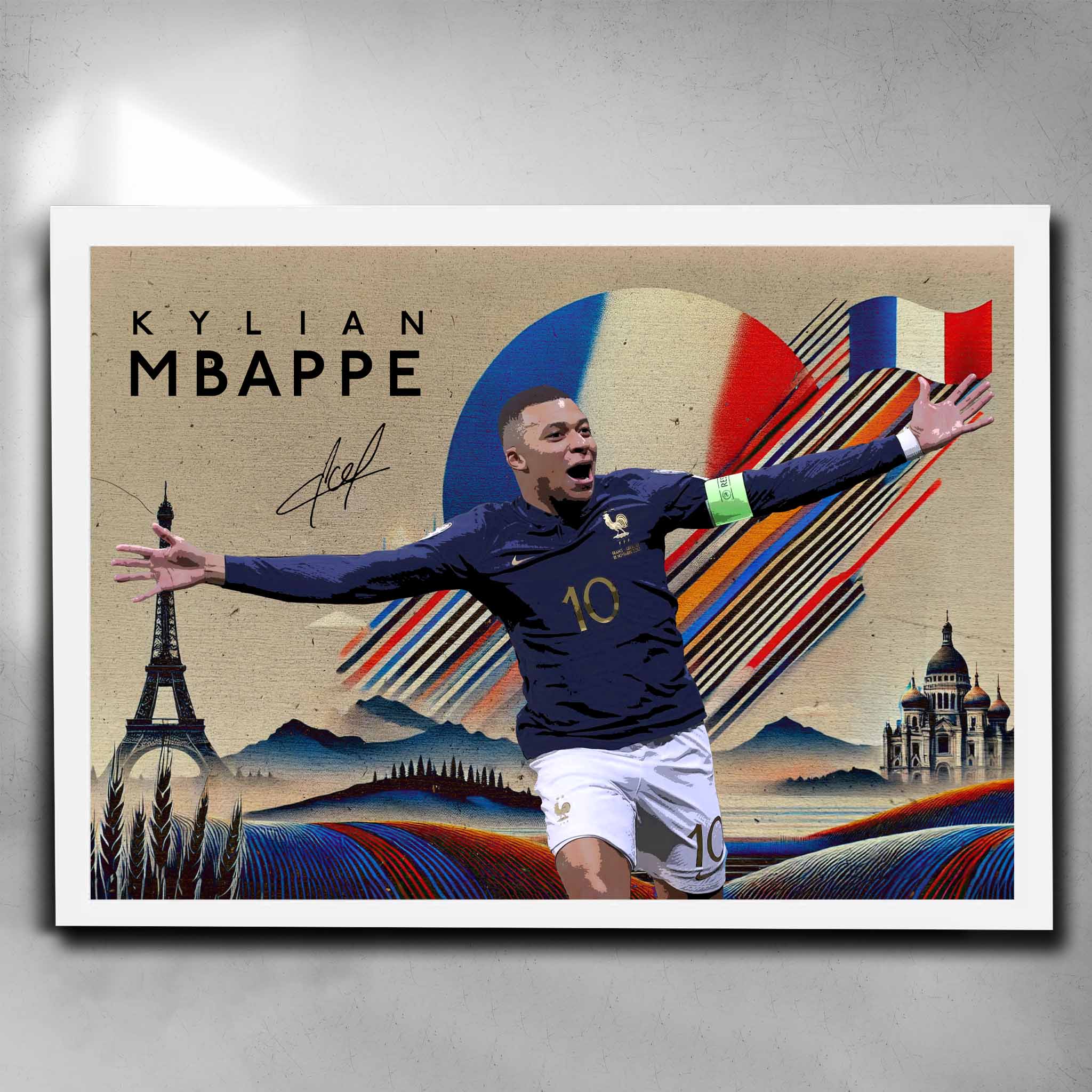 White framed Kylian Mbappé France Soccer Art by Sports Cave.