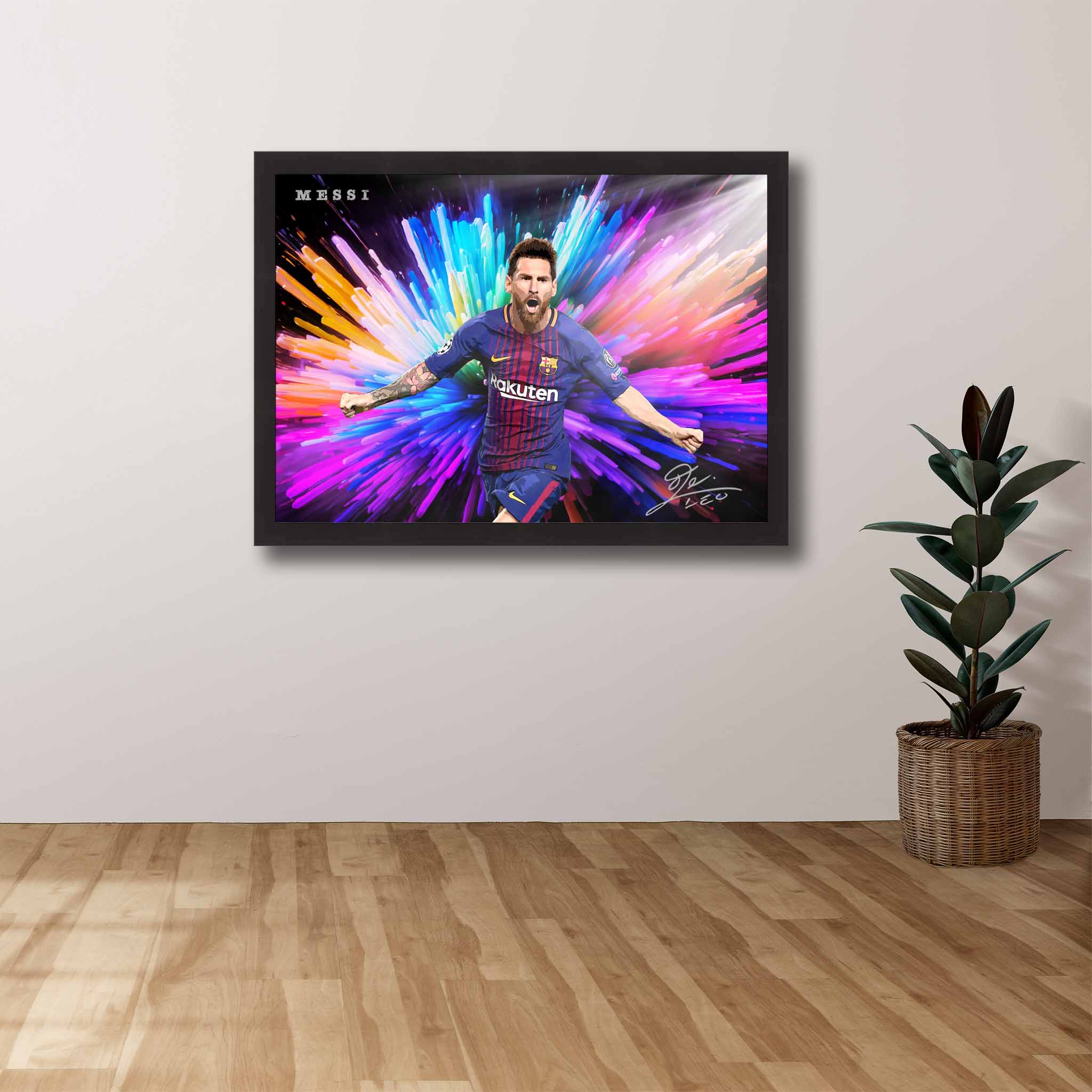 Devoted Barcelona FC fan's tribute: Lionel Messi framed art proudly displayed on the wall.