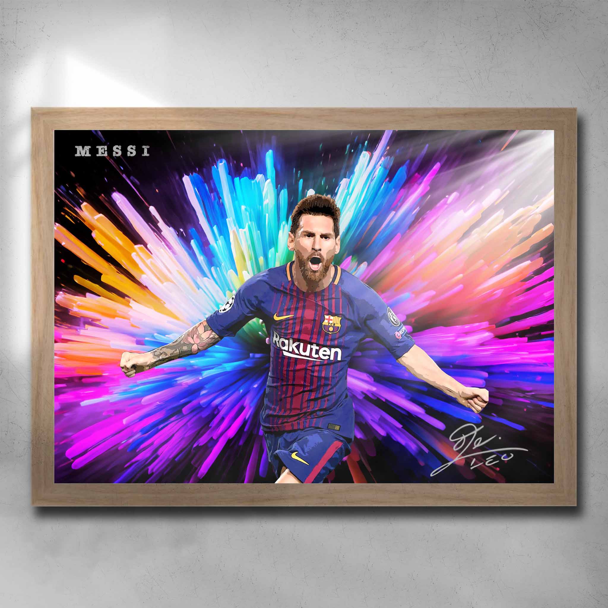 Oak framed soccer art by Sports Cave, featuring the legend from Barcelona Lionel Messi.