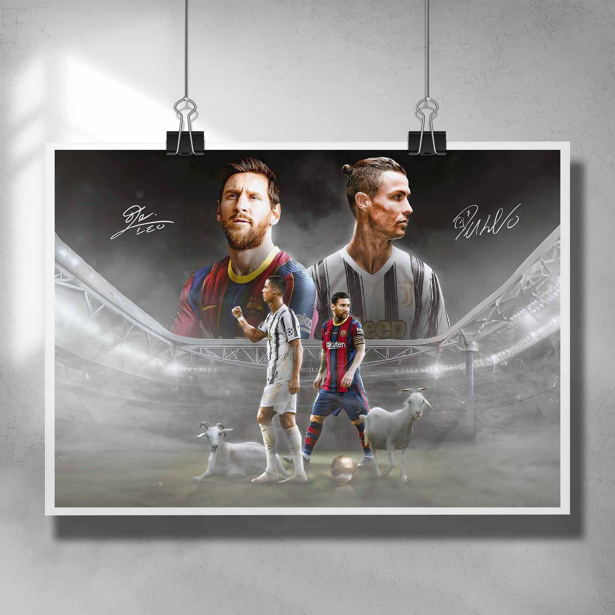 Unframed Messi and Ronaldo G.O.A.T Art Poster by Sports Cave, capturing the essence of soccer legends and their iconic status, versatile for custom framing and decor.