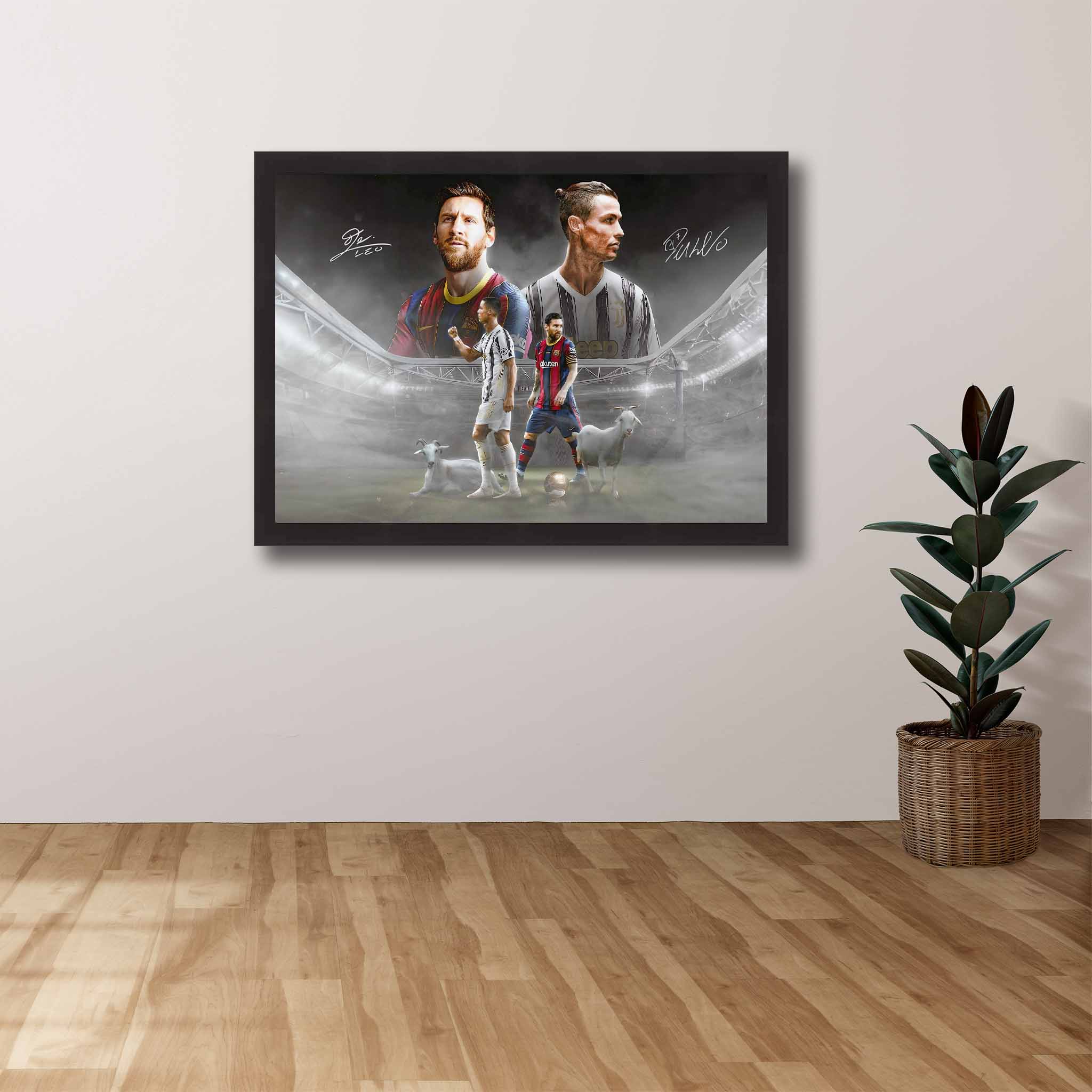 Soccer fan with a Ronaldo & Messi framed art on display in there house.