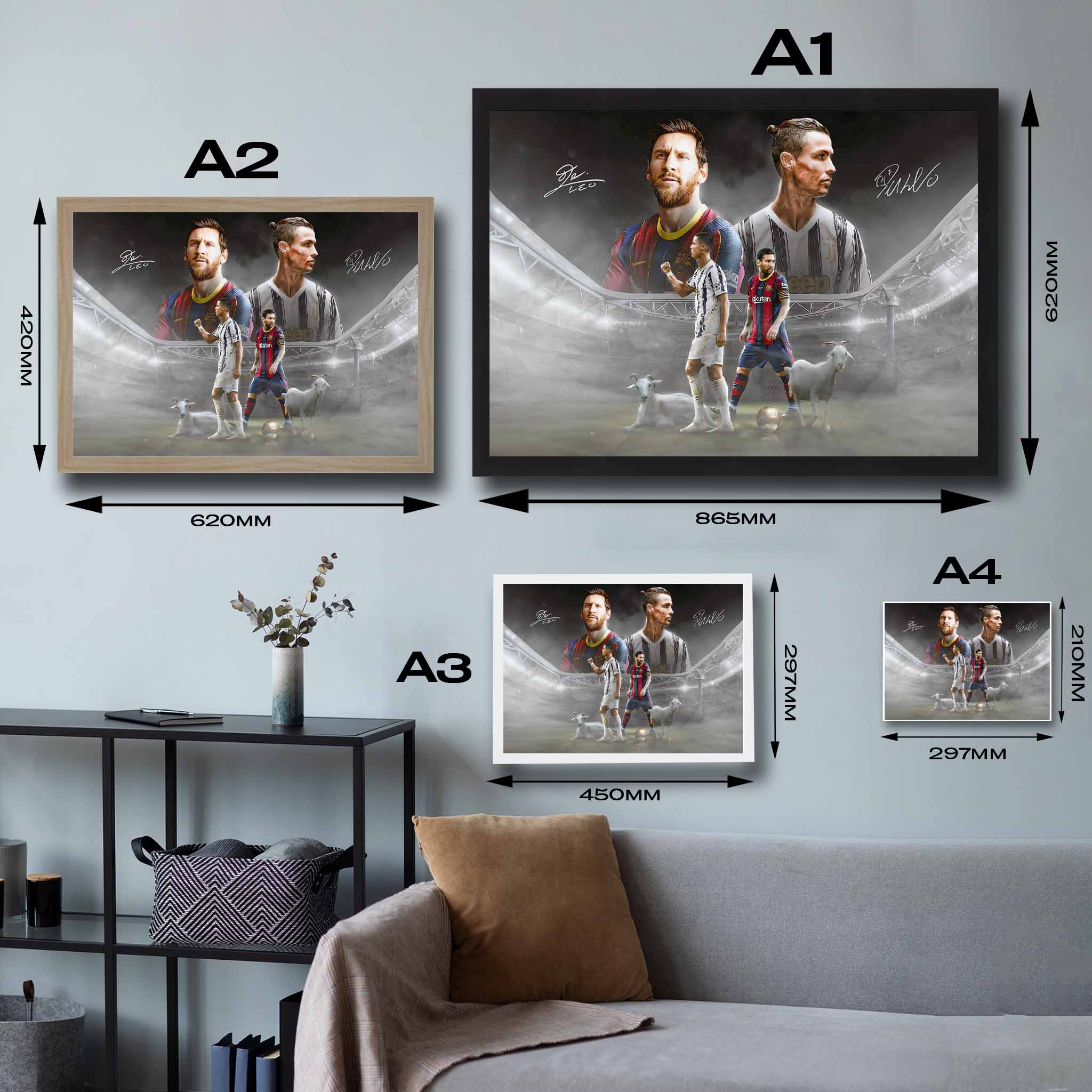 Size Guide for Messi and Ronaldo G.O.A.T Framed Art by Sports Cave.