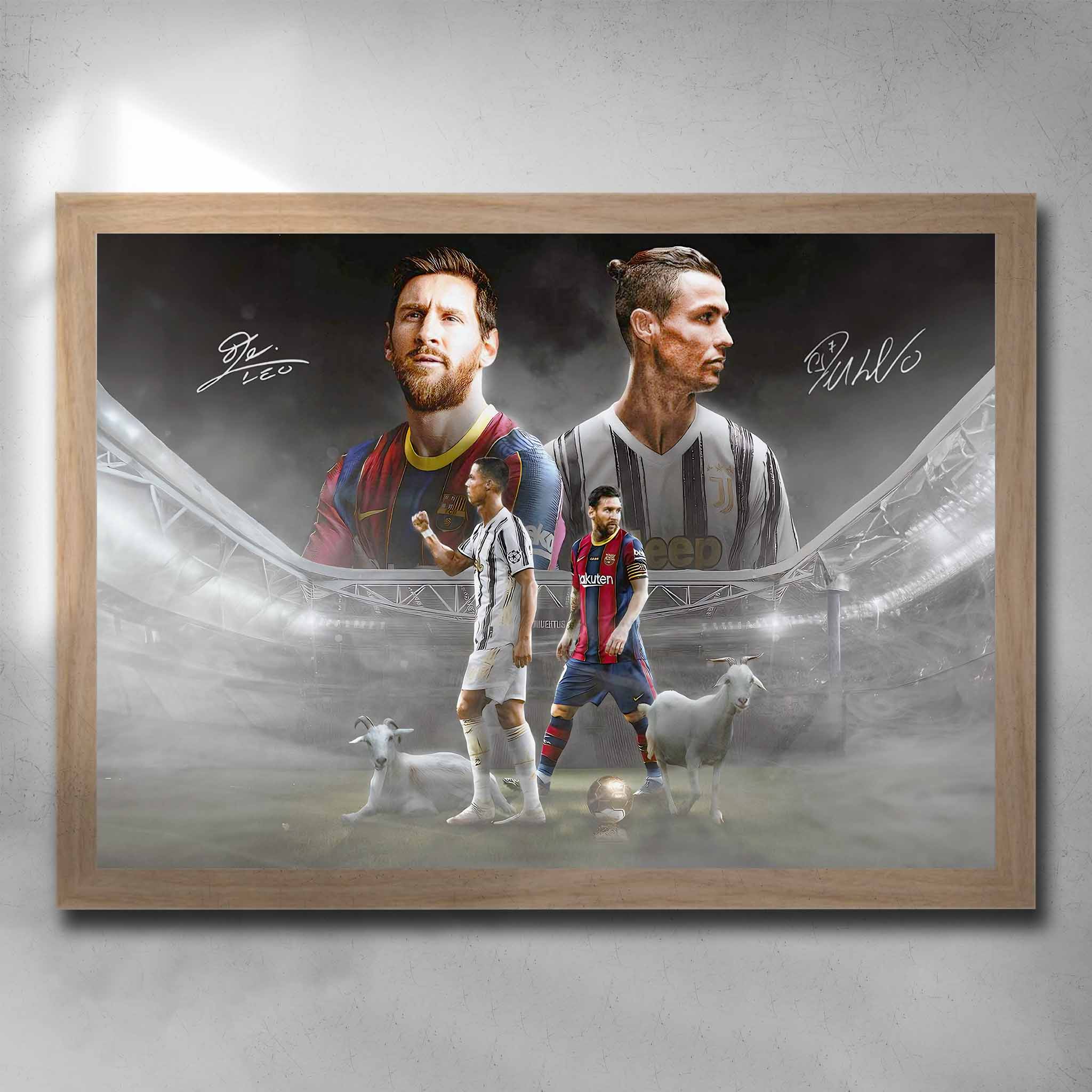 Oak framed Messi and Ronaldo G.O.A.T Art Poster by Sports Cave, showcasing the iconic soccer stars and goats, perfect for enhancing any sports enthusiast's decor.