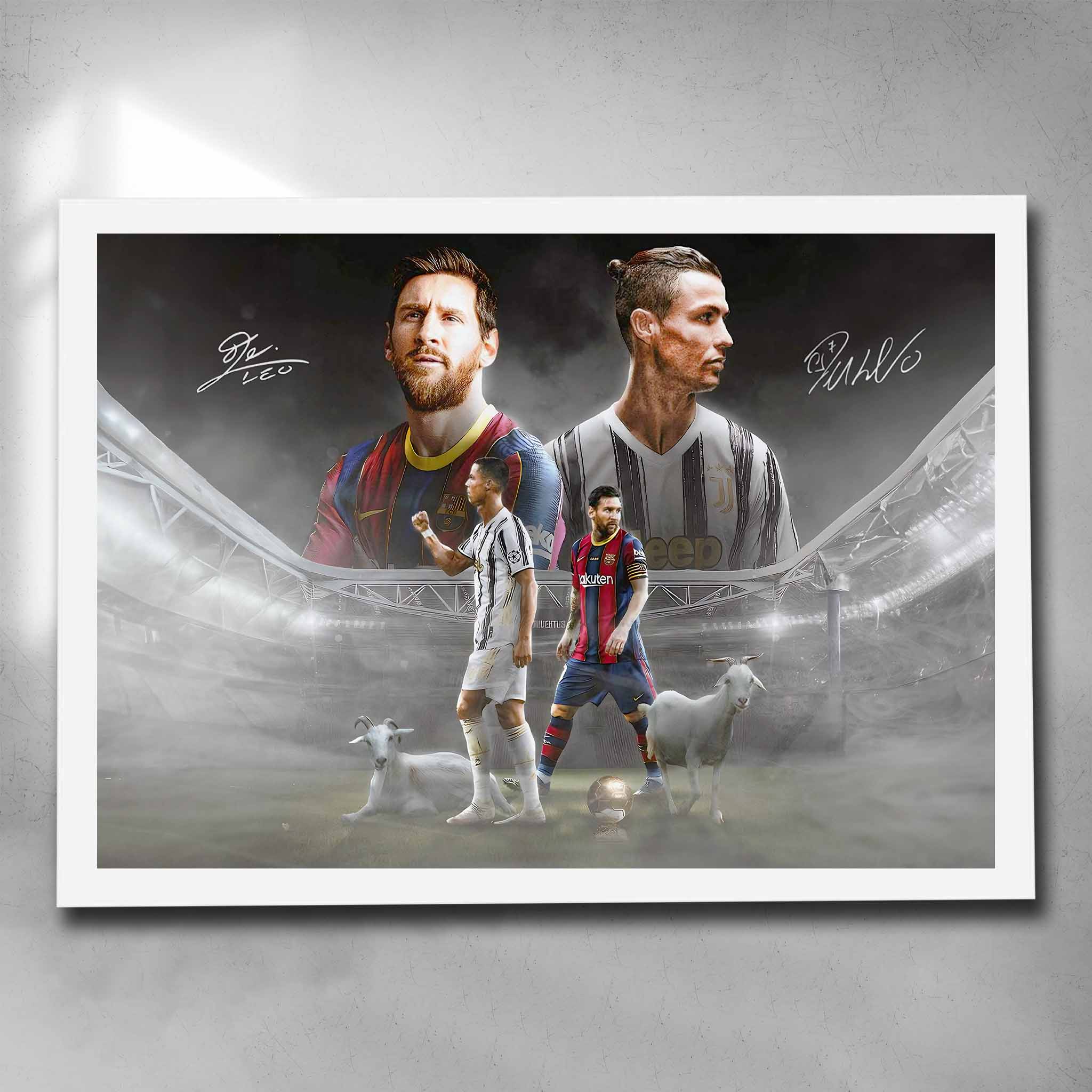 White framed Messi and Ronaldo G.O.A.T Art Poster by Sports Cave, highlighting football's greatest with symbolic goats, a sleek addition to any fan's room decor.