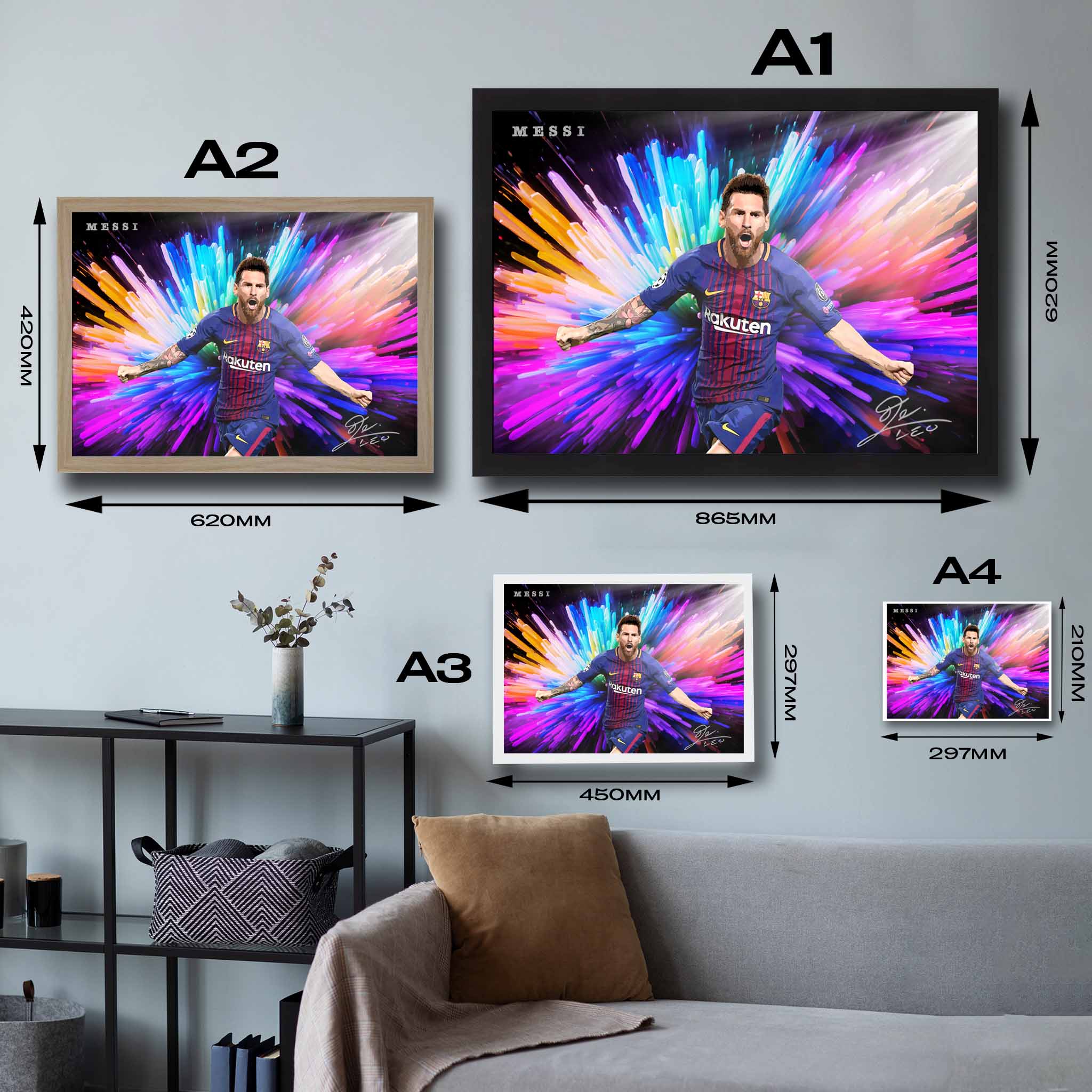 Visual representation of Lionel Messi framed art size options, ranging from A4 to A2, for selecting the right size for your space.