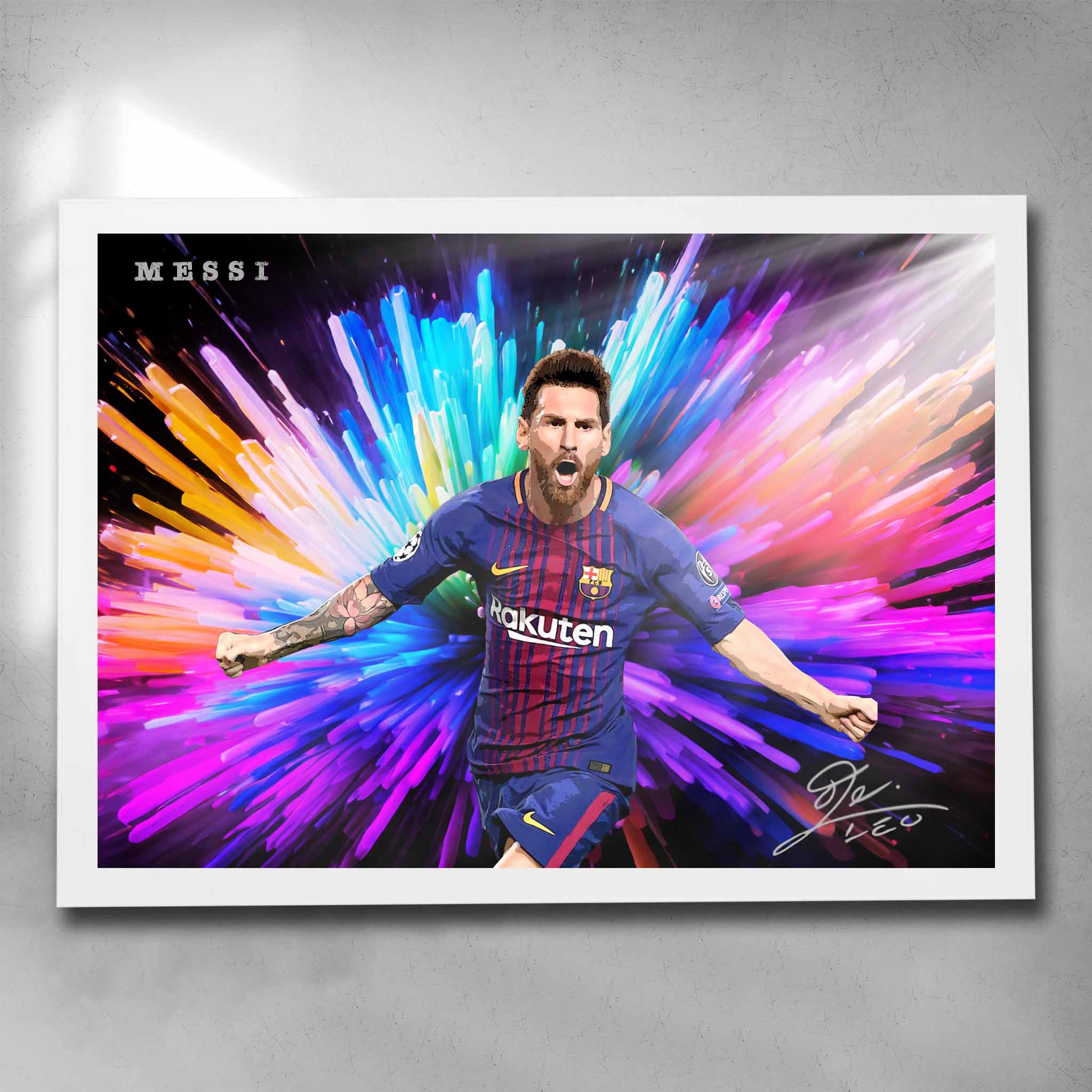 White framed soccer art by Sports Cave, featuring the legend from Barcelona Lionel Messi.