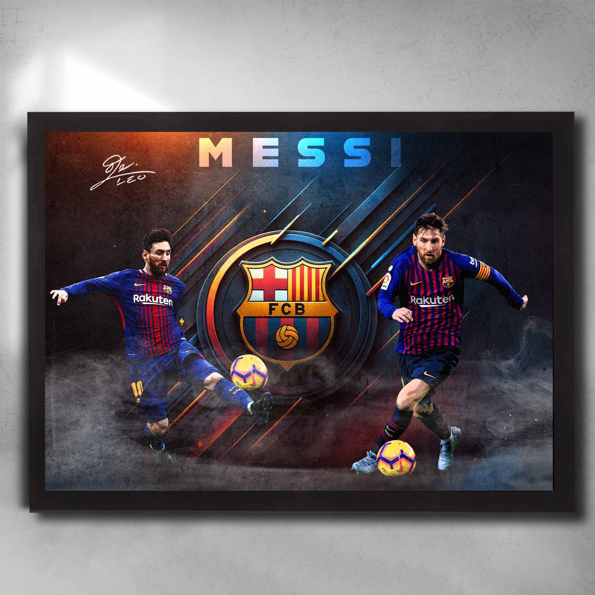 Black framed soccer art featuring a signed print of Lionel Messi from Barcelona - Artwork by Sports Cave.