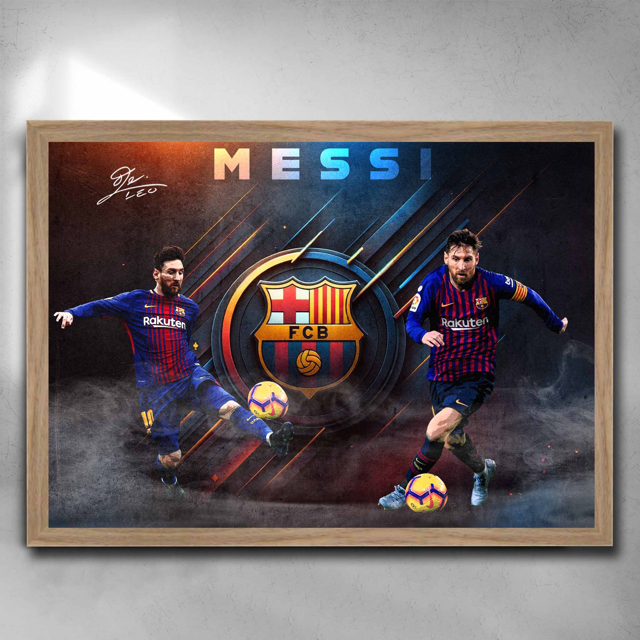 Oak framed soccer art featuring a signed print of Lionel Messi from Barcelona - Artwork by Sports Cave.