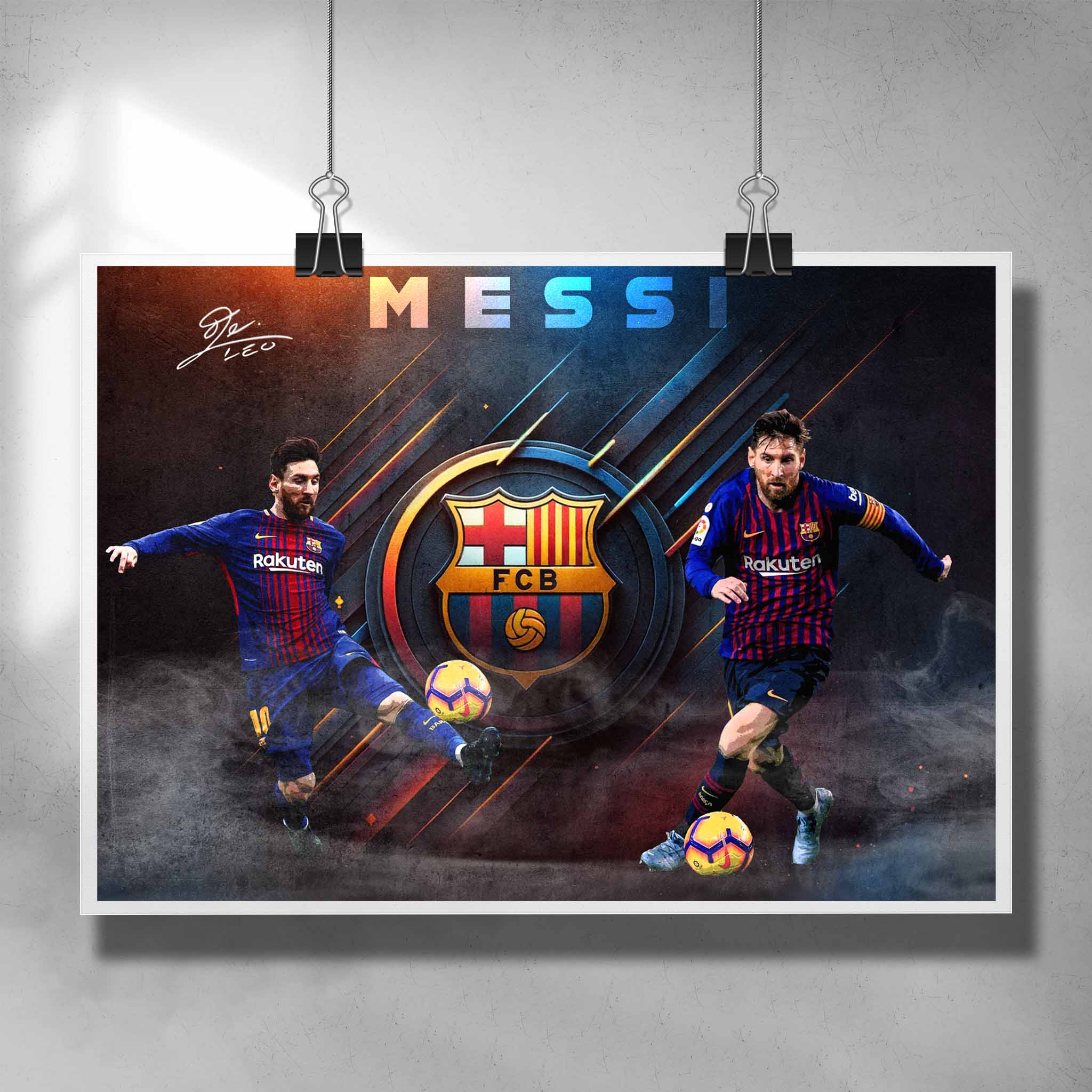 Unique soccer poster featuring a signed print of Lionel Messi from Barcelona - Artwork by Sports Cave.