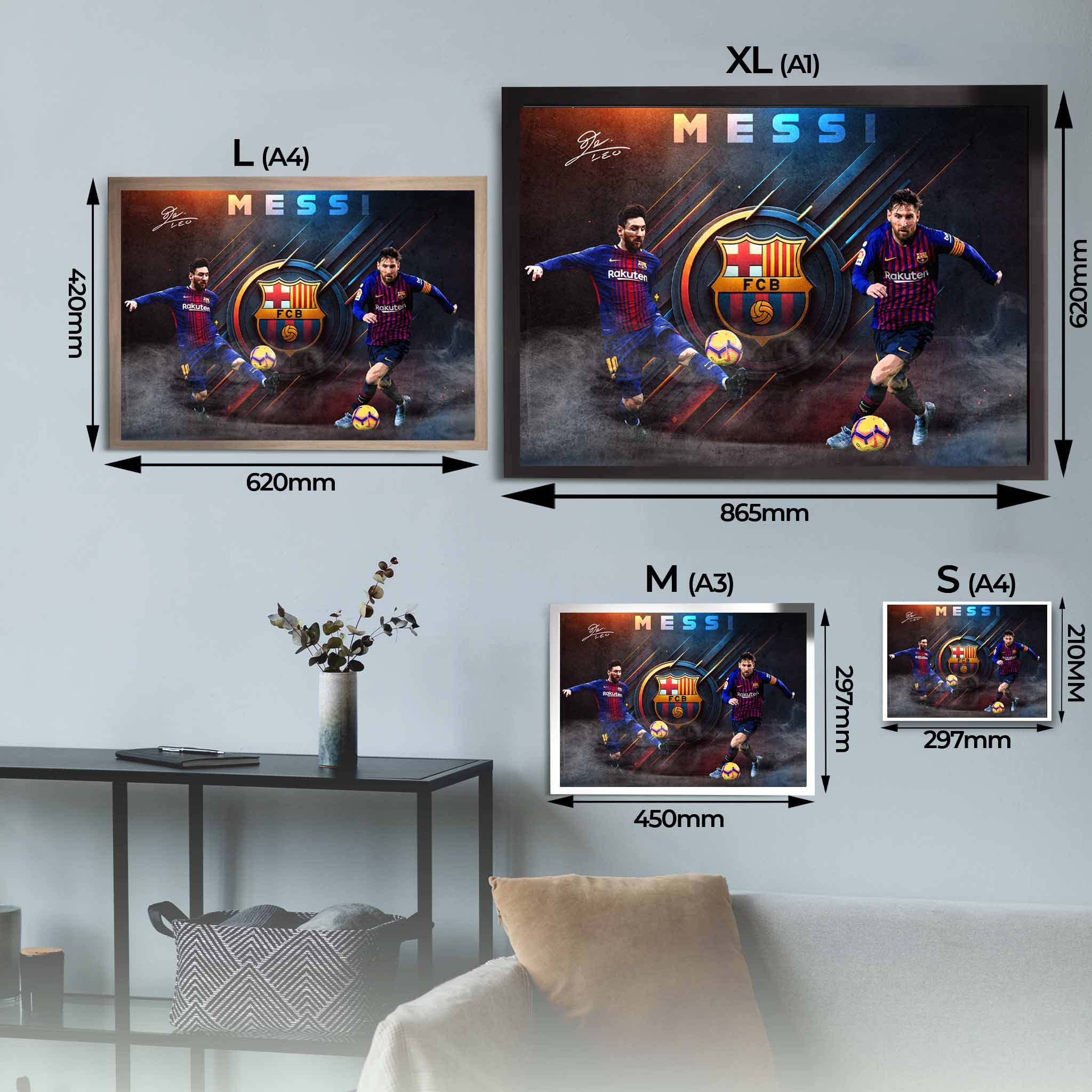 Visual representation of Lionel Messi framed art size options, ranging from A4 to A1, to assist customers in selecting the right size for their space.