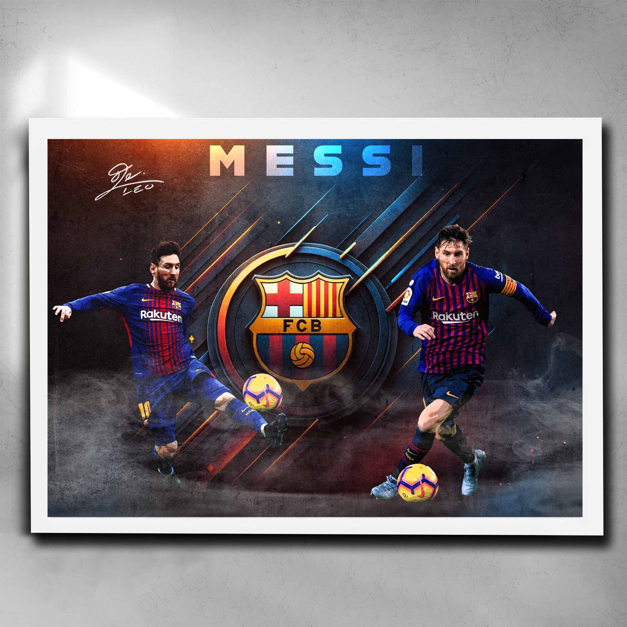 White framed soccer art featuring a signed print of Lionel Messi from Barcelona - Artwork by Sports Cave.