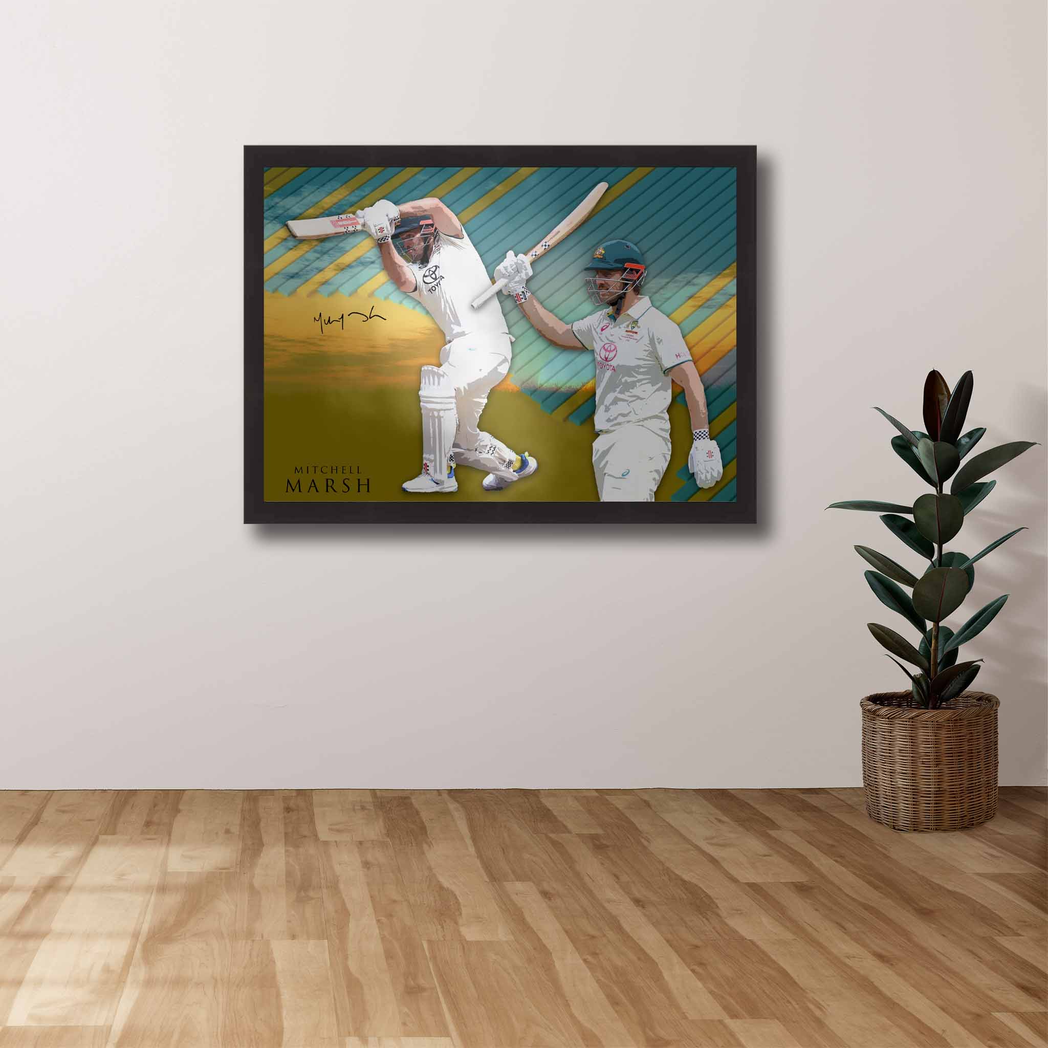 Mitchell Marsh Legacy Art Poster by Sports Cave, displayed on a wall, highlighting cricket inspiration and decor elegance.