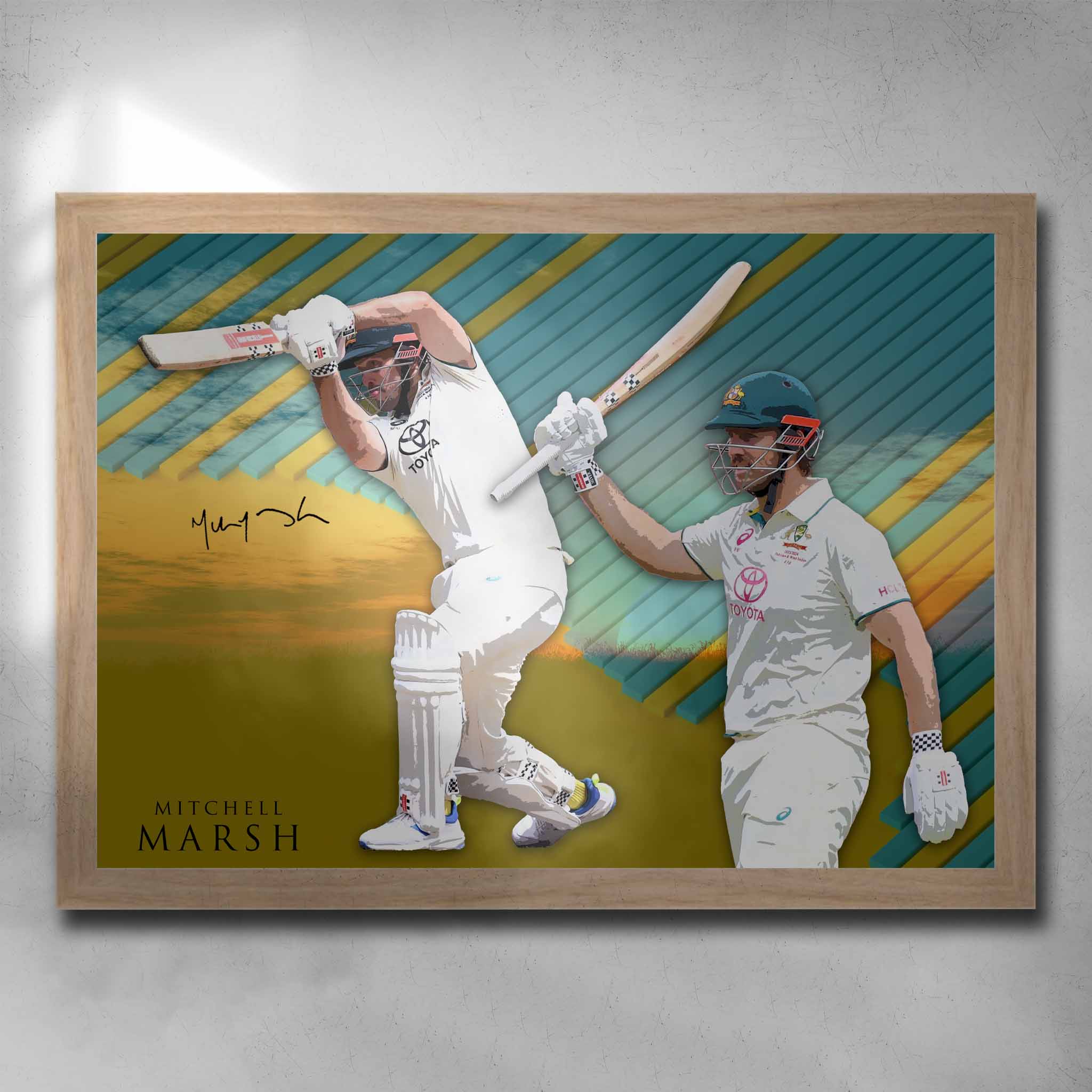 Oak framed Mitchell Marsh Art Poster by Sports Cave, showcasing the cricket legend in action, perfect for fans and collectors.