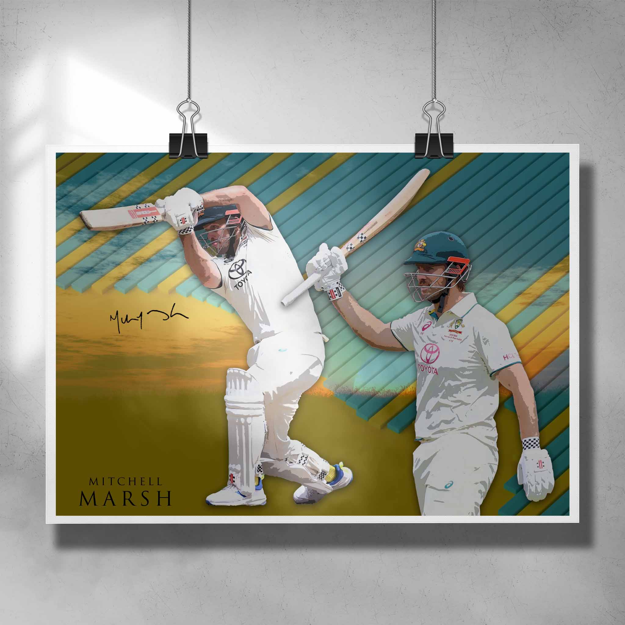 Unique Mitchell Marsh Poster by Sports Cave, showcasing the cricket legend in action, perfect for fans and collectors.