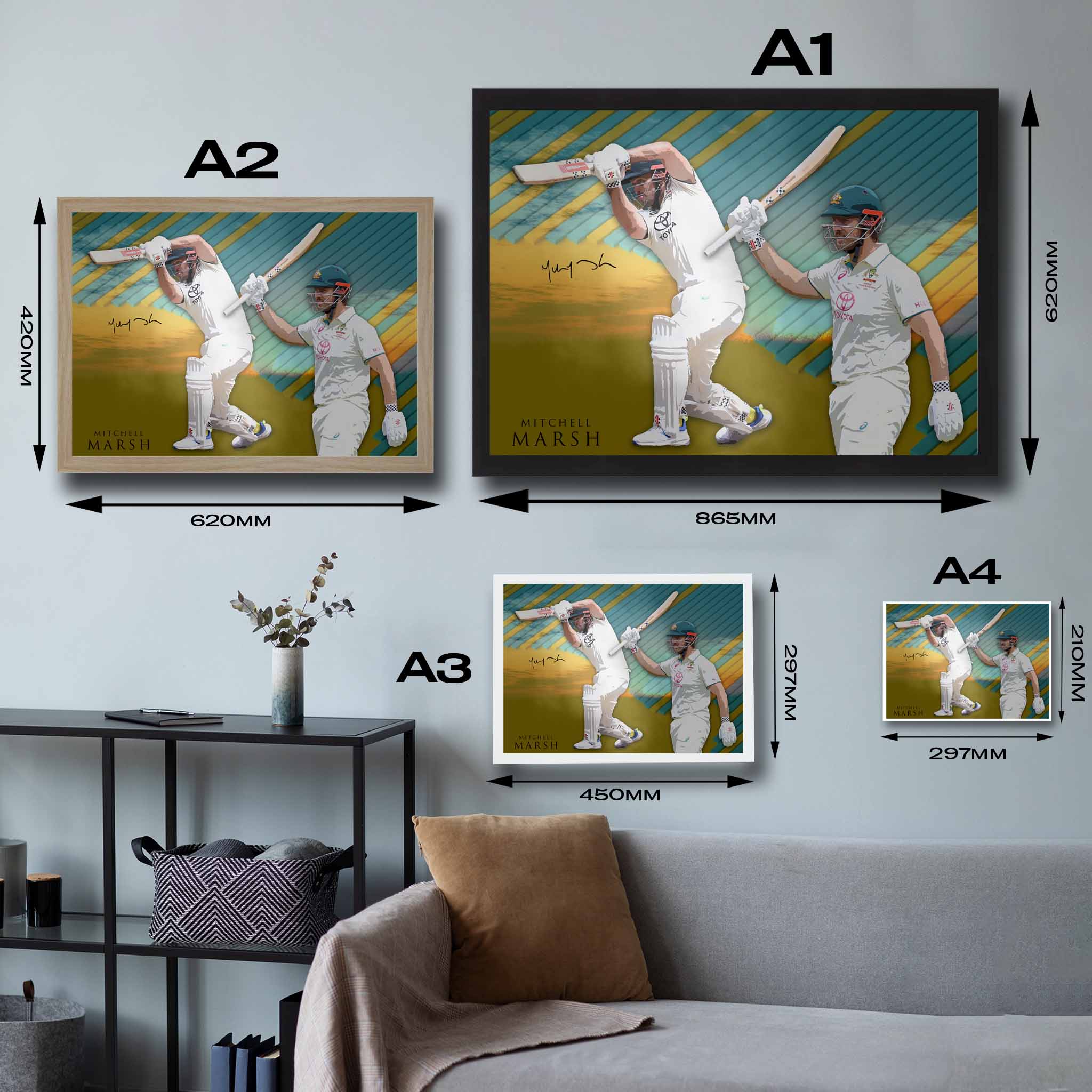 Sizing chart for Mitchell Marsh Legacy framed art by Sports Cave, available in multiple dimensions for versatile wall display options.