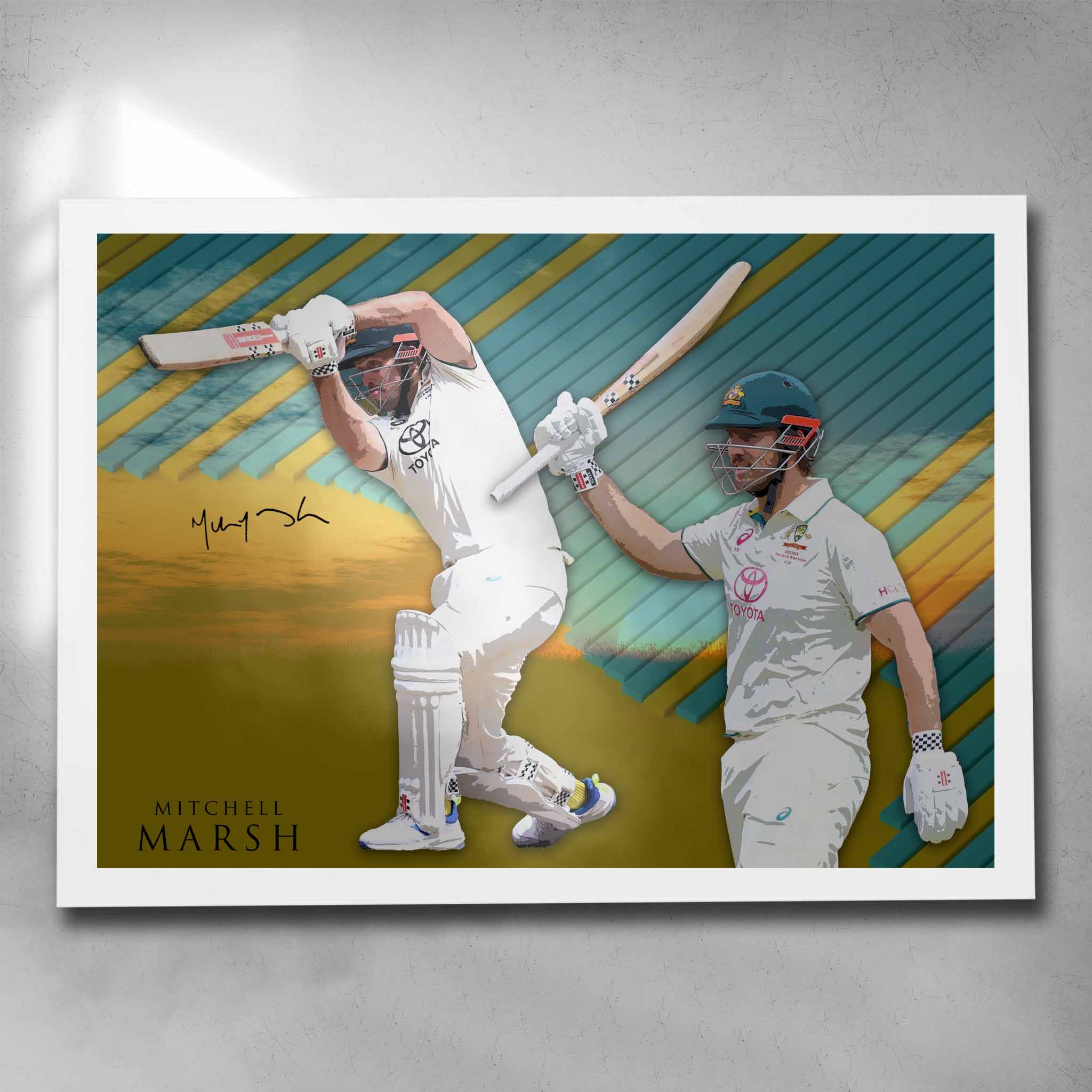 White framed Mitchell Marsh Art Poster by Sports Cave, showcasing the cricket legend in action, perfect for fans and collectors.