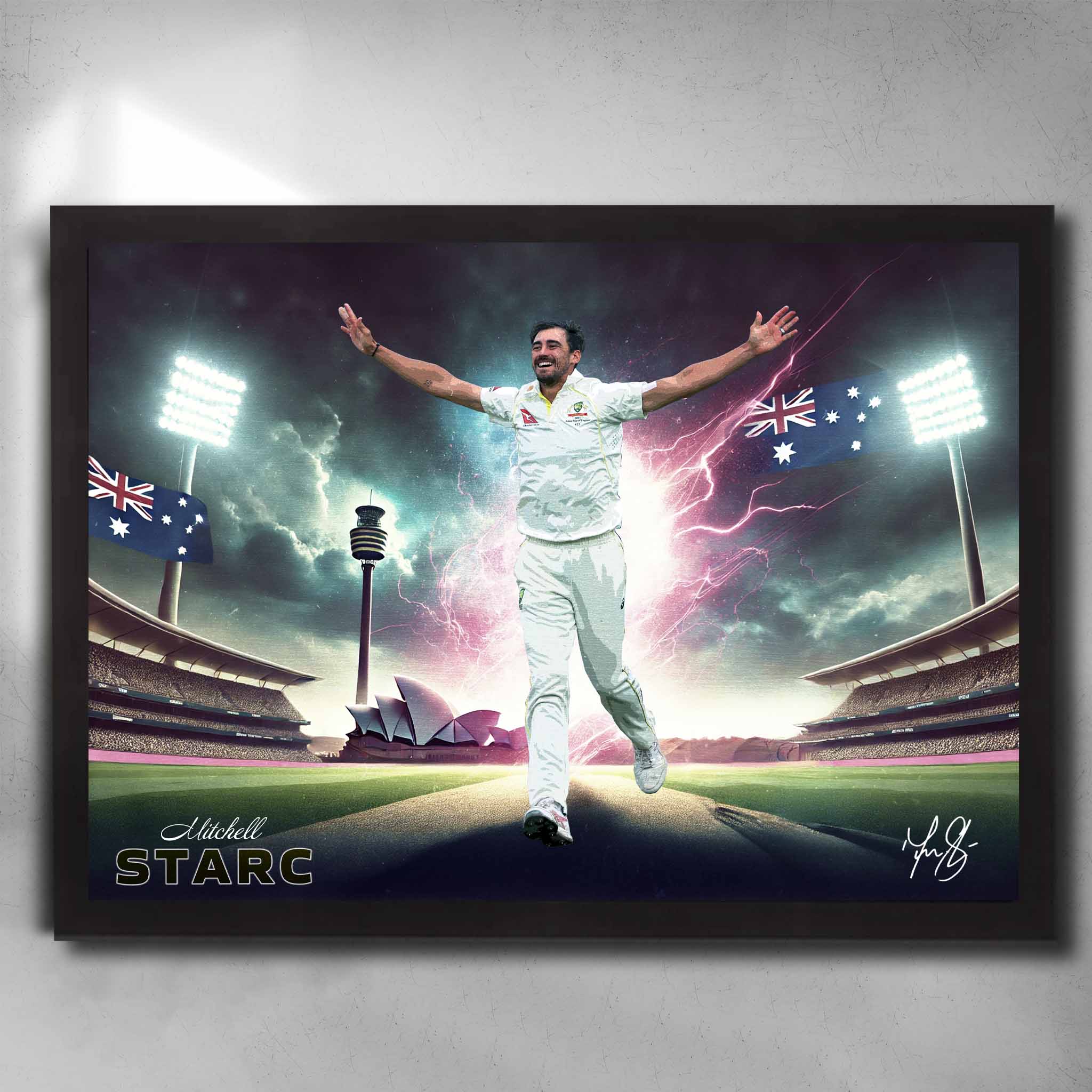 Black framed cricket art featuring a signed print of Mitchell Starc playing for Australia - Artwork by Sports Cave.