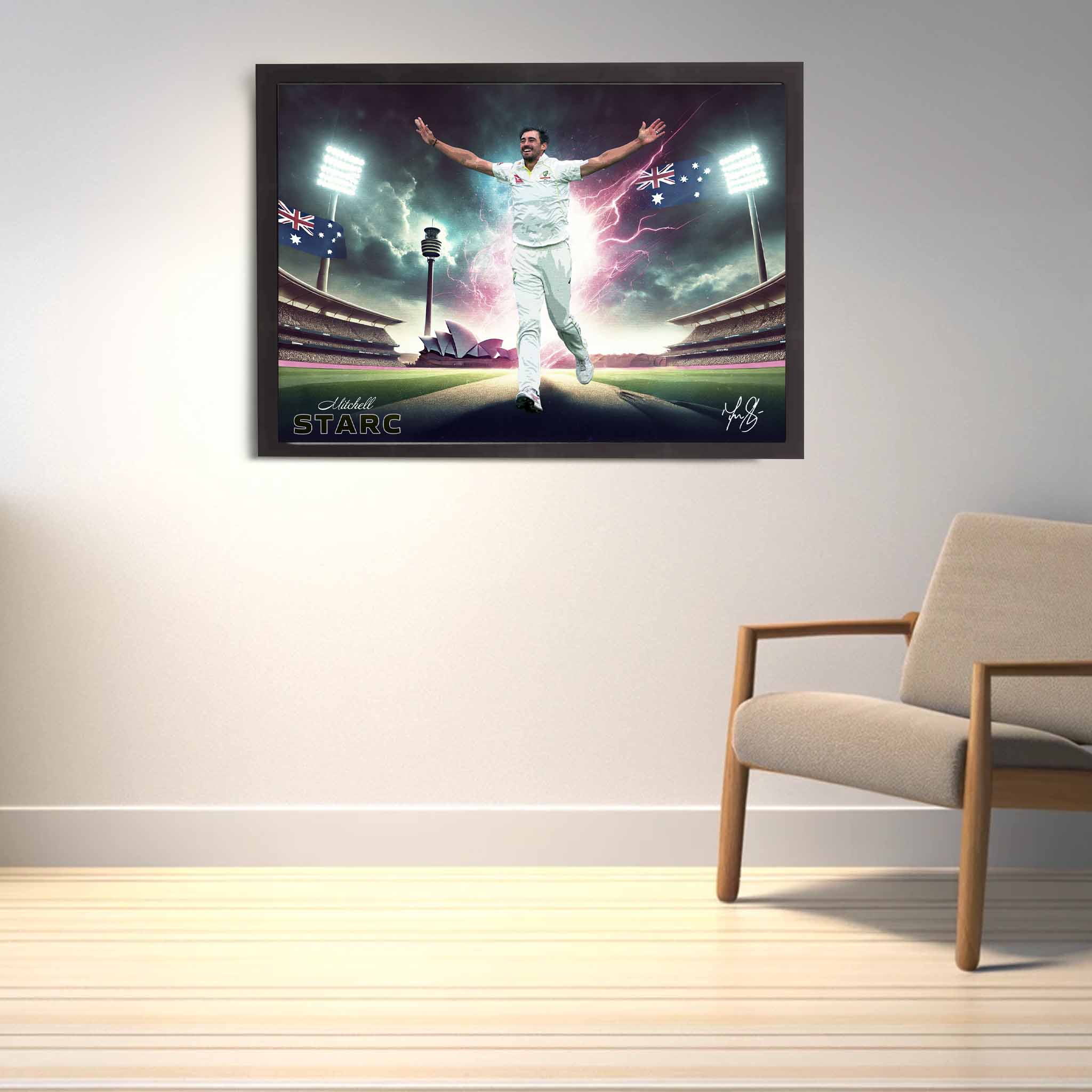 Mitchell Starc Framed Art displayed on an Australian cricket fans wall.