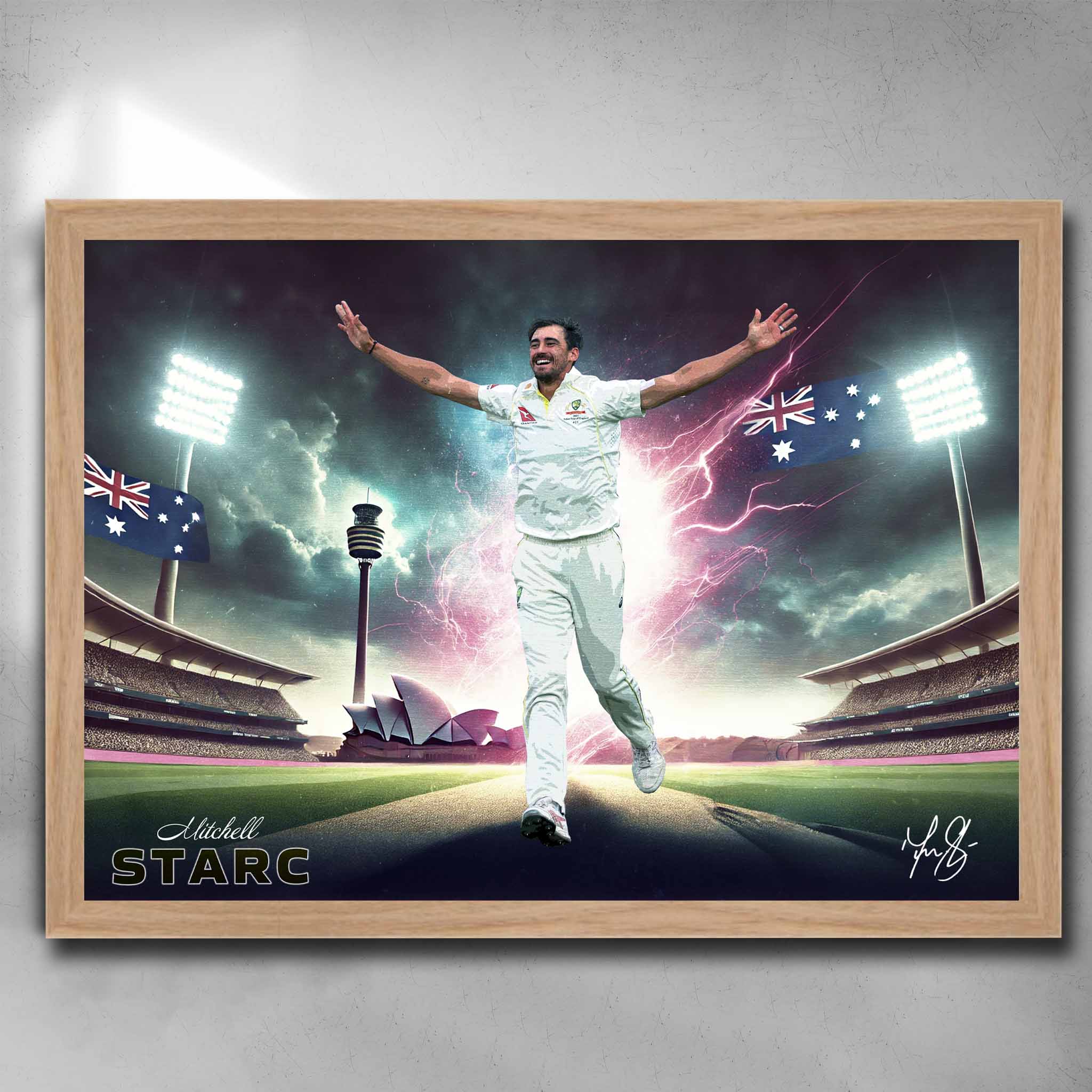 Oak framed cricket art featuring a signed print of Mitchell Starc playing for Australia - Artwork by Sports Cave.