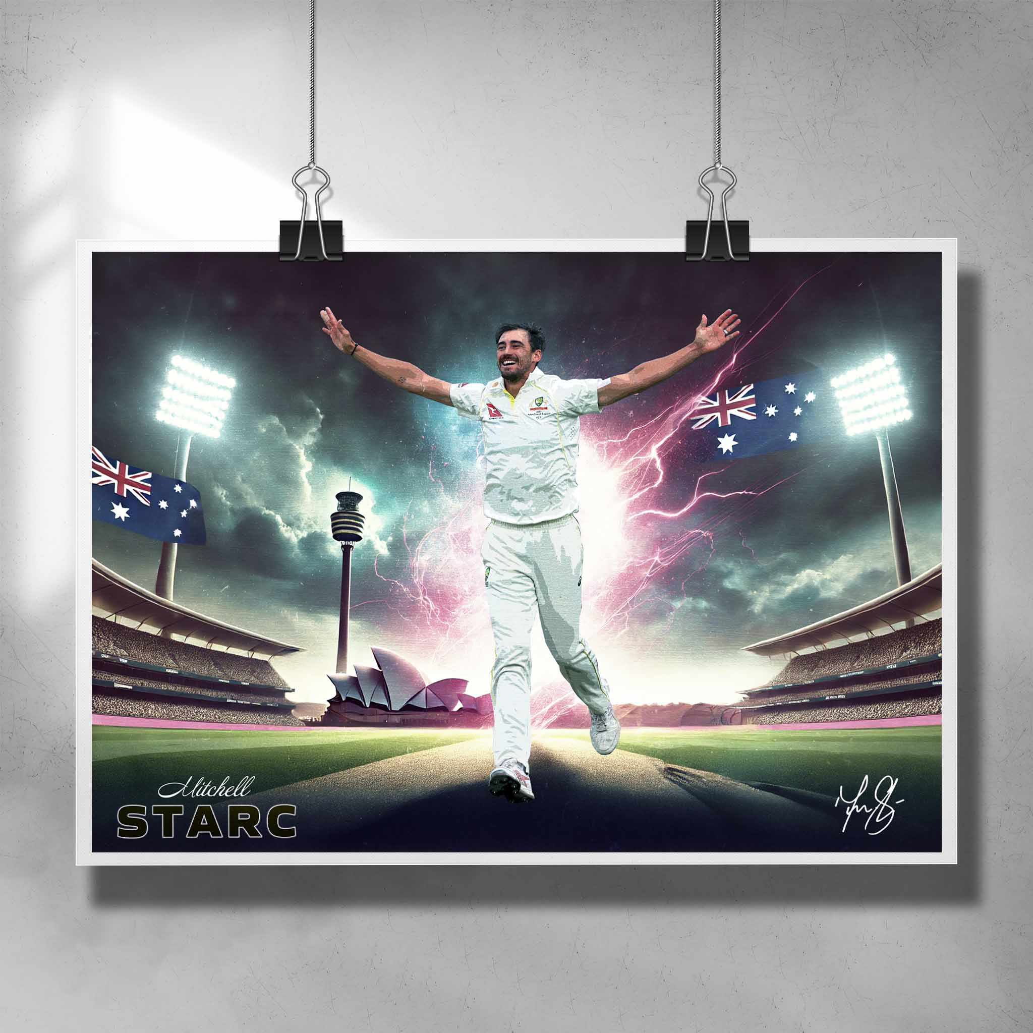 Signed cricket print of Mitchell Starc playing for Australia - Artwork by Sports Cave.