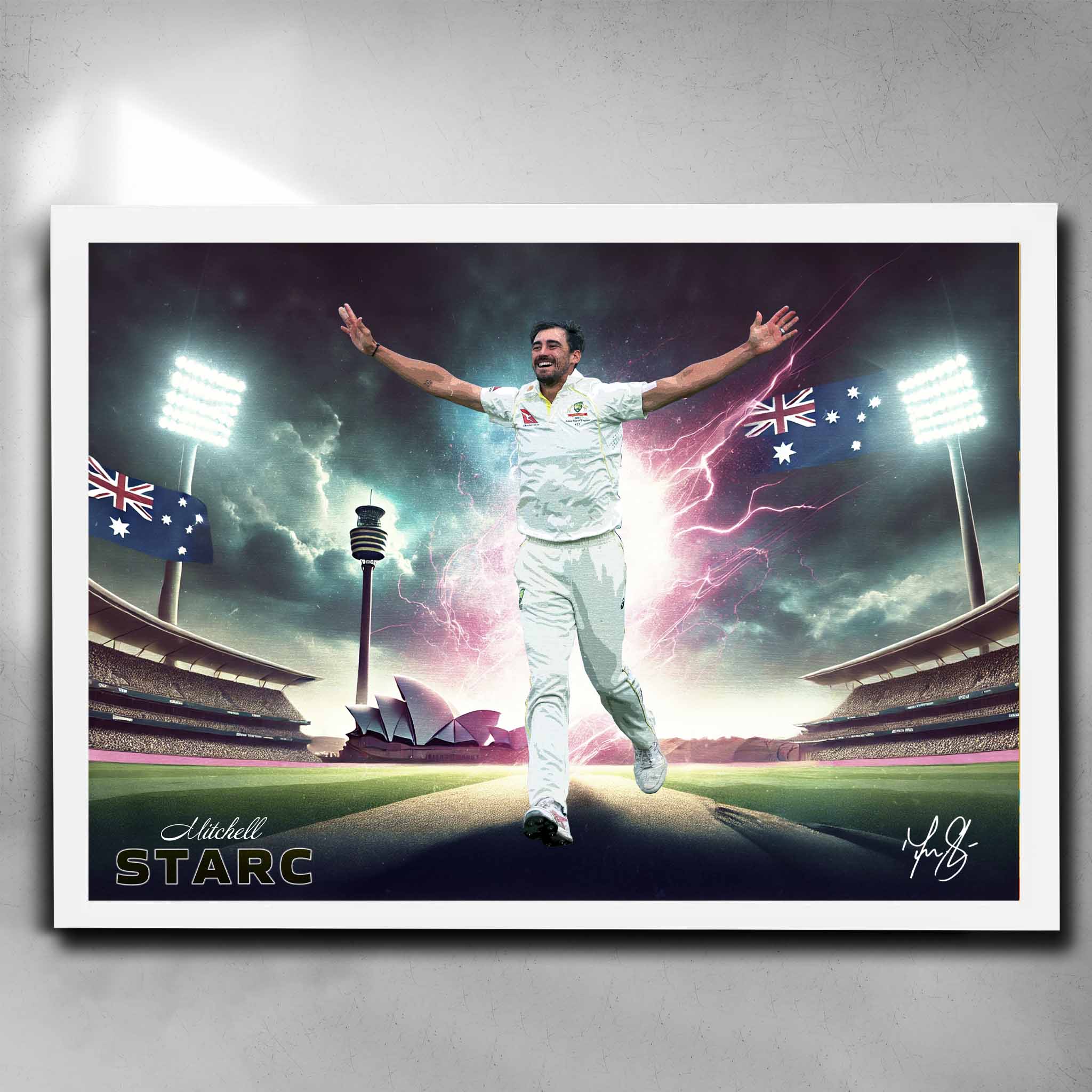 White framed cricket art featuring a signed print of Mitchell Starc playing for Australia - Artwork by Sports Cave.