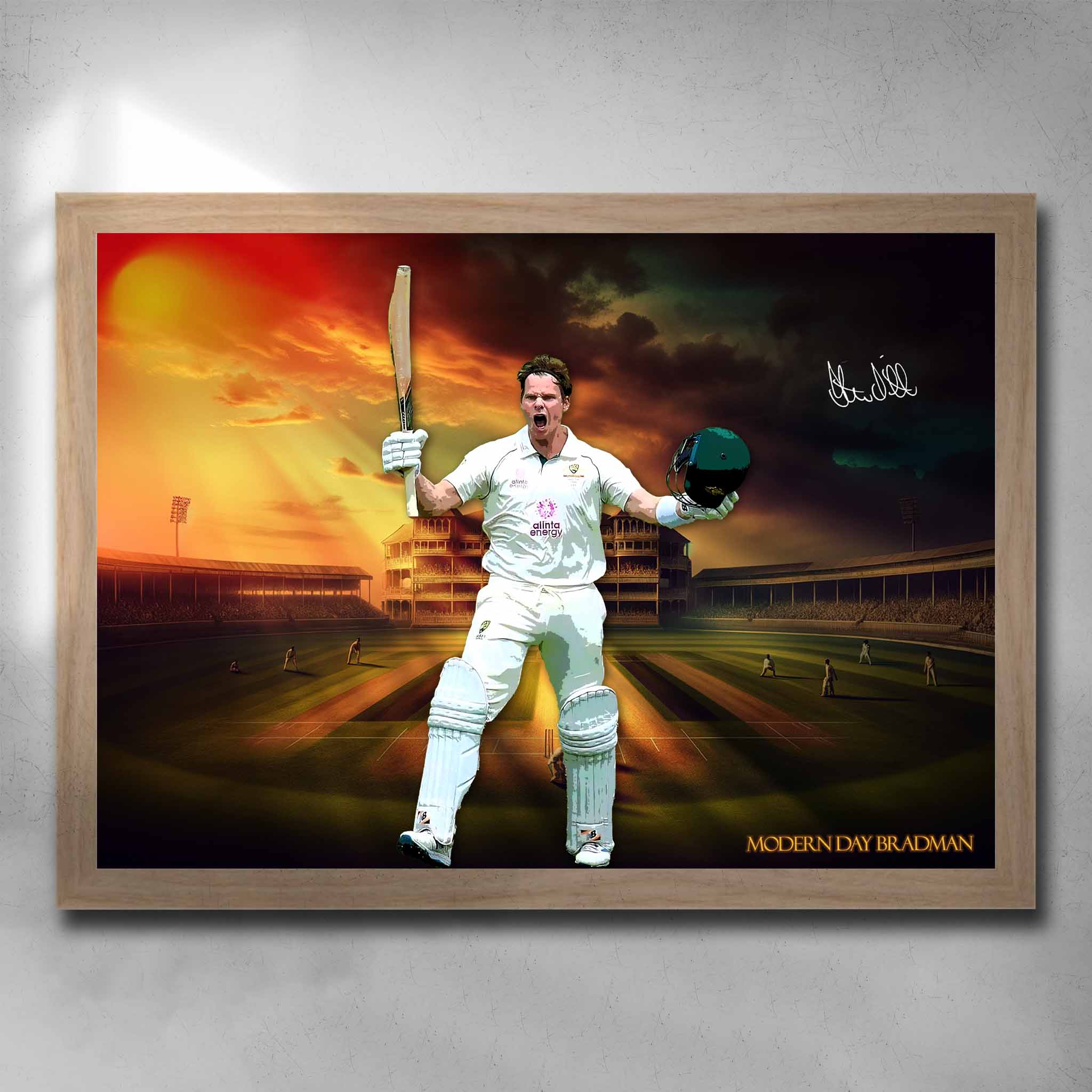 Oak framed cricket art by Sports Cave featuring the modern day Bradman, Steven Smith.