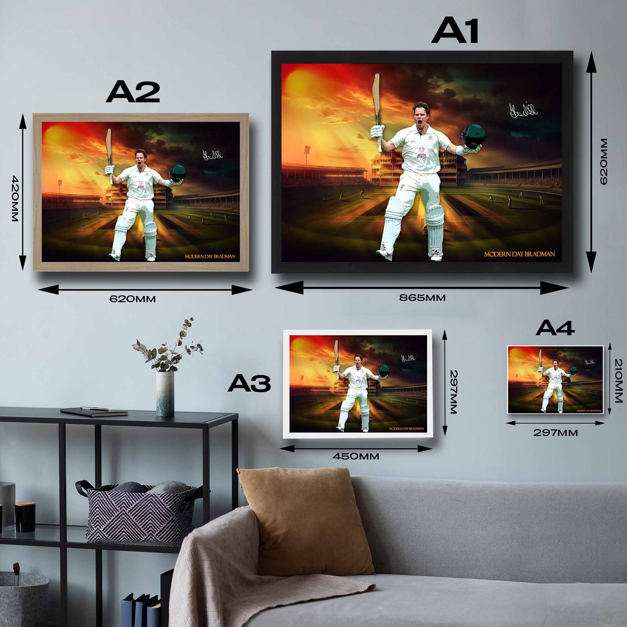 Visual representation of Modern Day Bradman framed art size options, ranging from A4 to A2, for selecting the right size for your space.