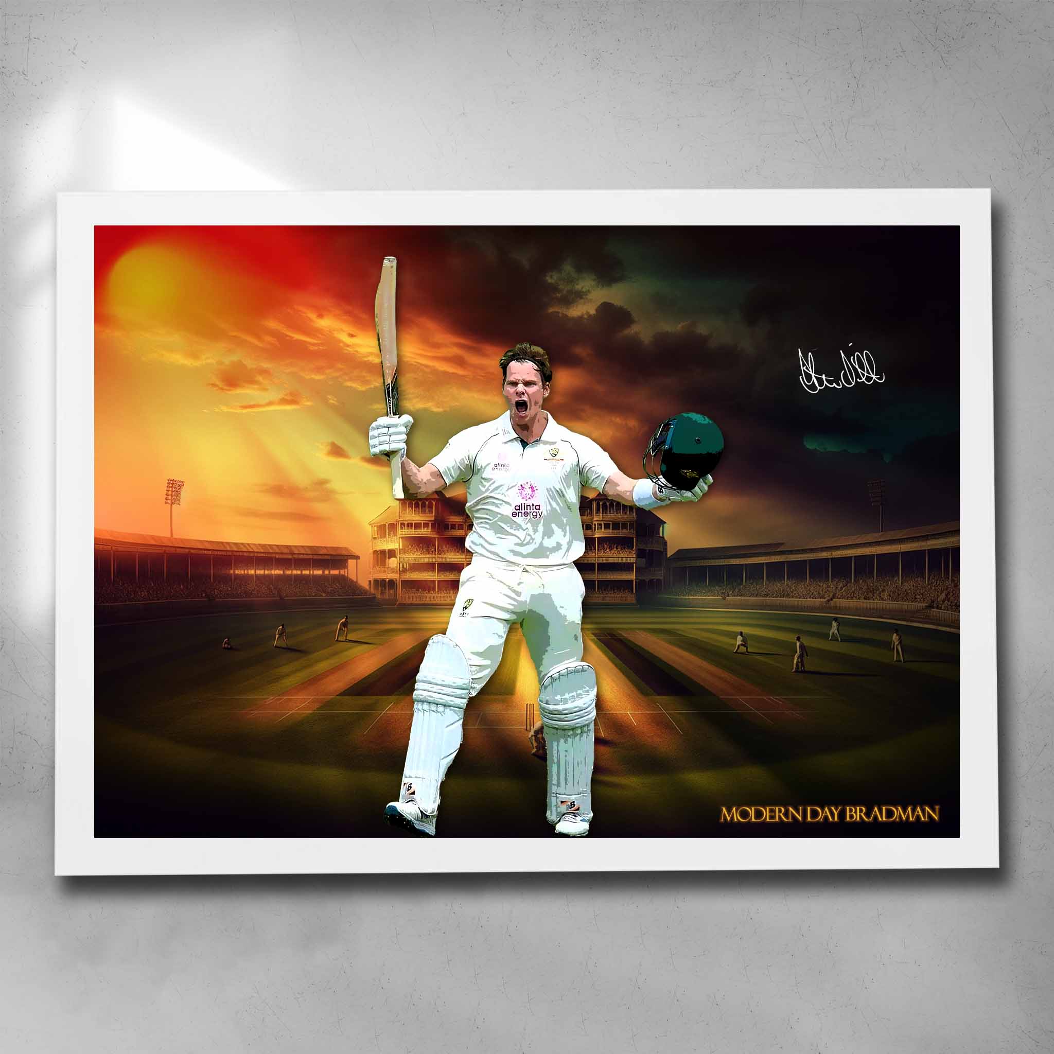 White framed cricket art by Sports Cave featuring the modern day Bradman, Steven Smith.